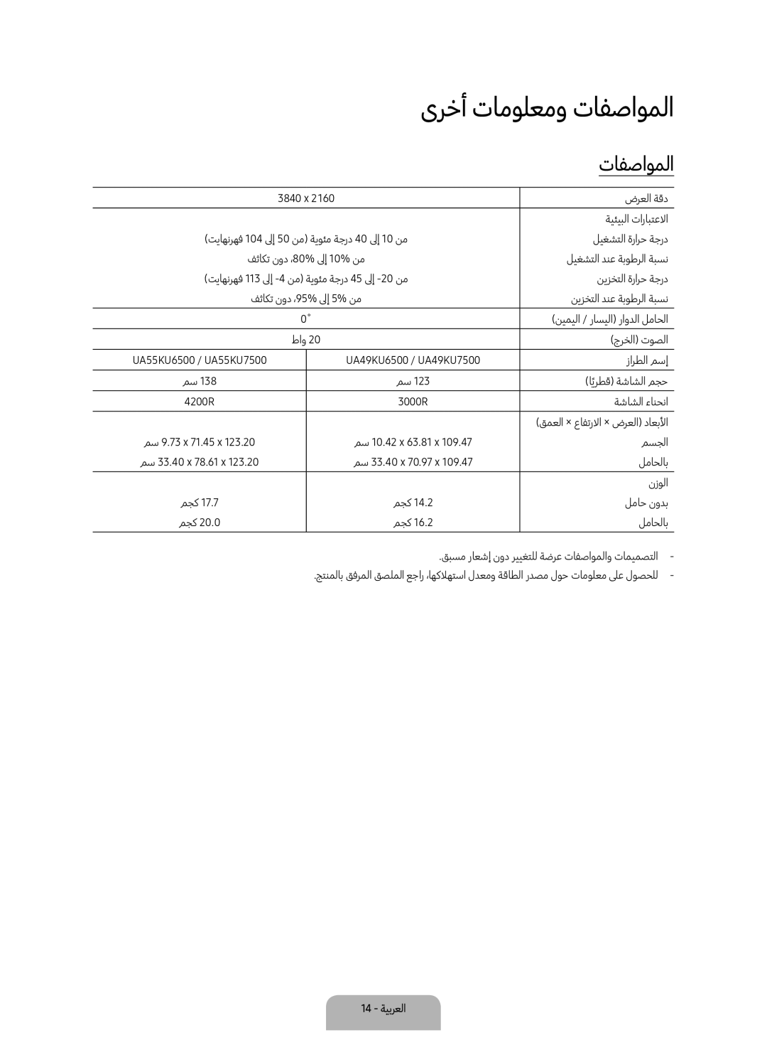 Samsung UA55KU7500KXZN manual ىرخأ تامولعمو تافصاوملا 