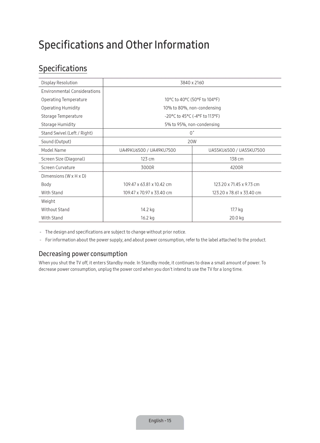 Samsung UA55KU7500RXUM manual Specifications and Other Information, Decreasing power consumption 