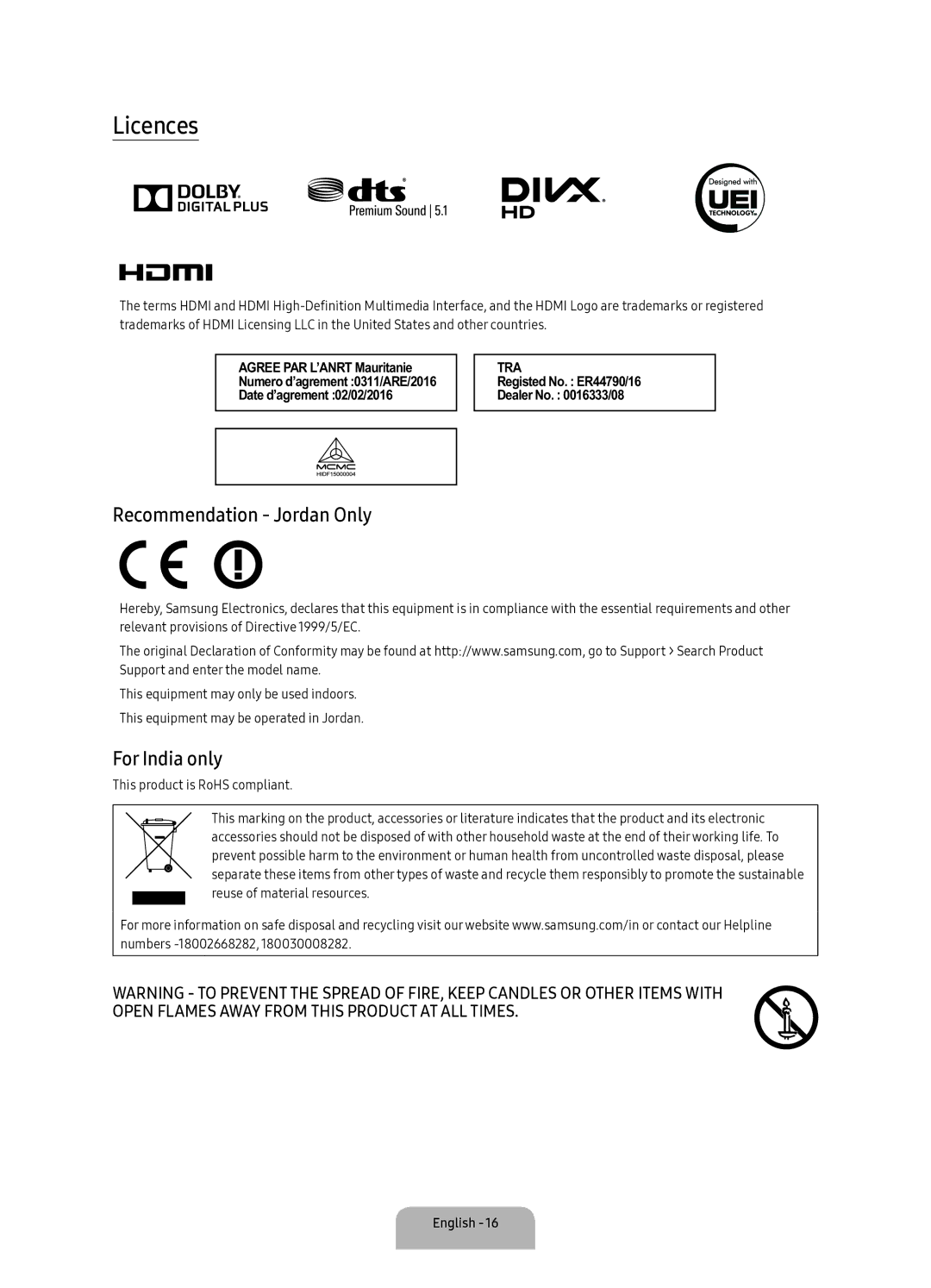 Samsung UA55KU7500RXUM manual Licences, Recommendation Jordan Only, For India only 