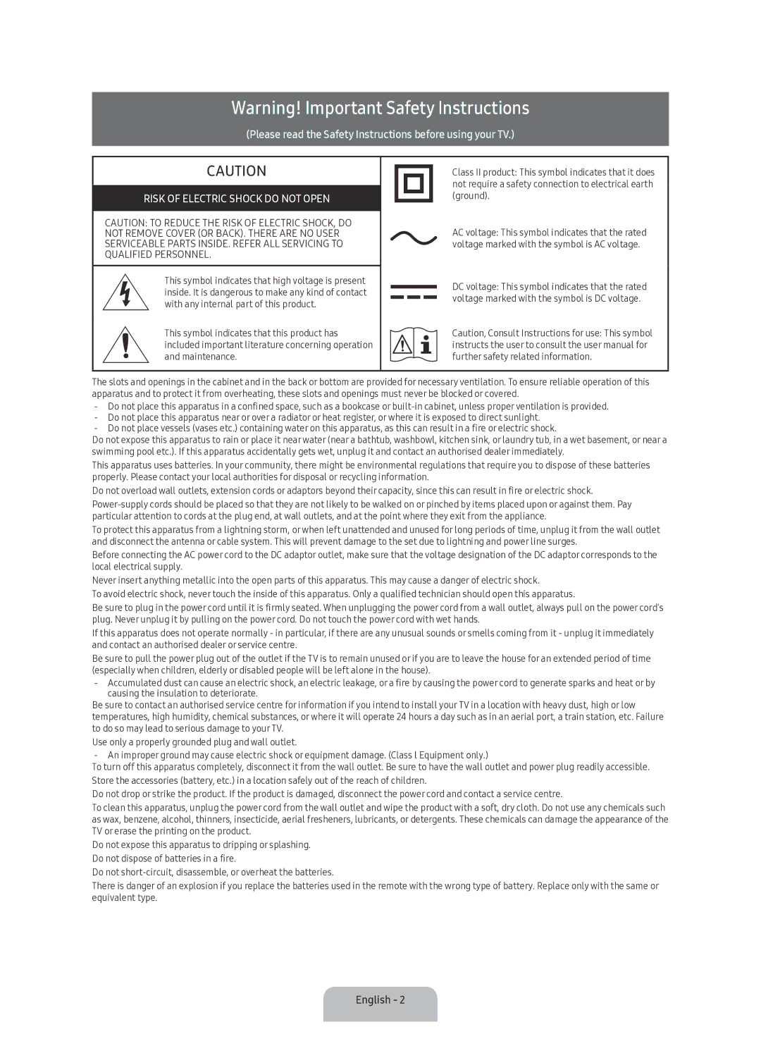 Samsung UA55KU7500RXUM manual Risk of Electric Shock do not Open 