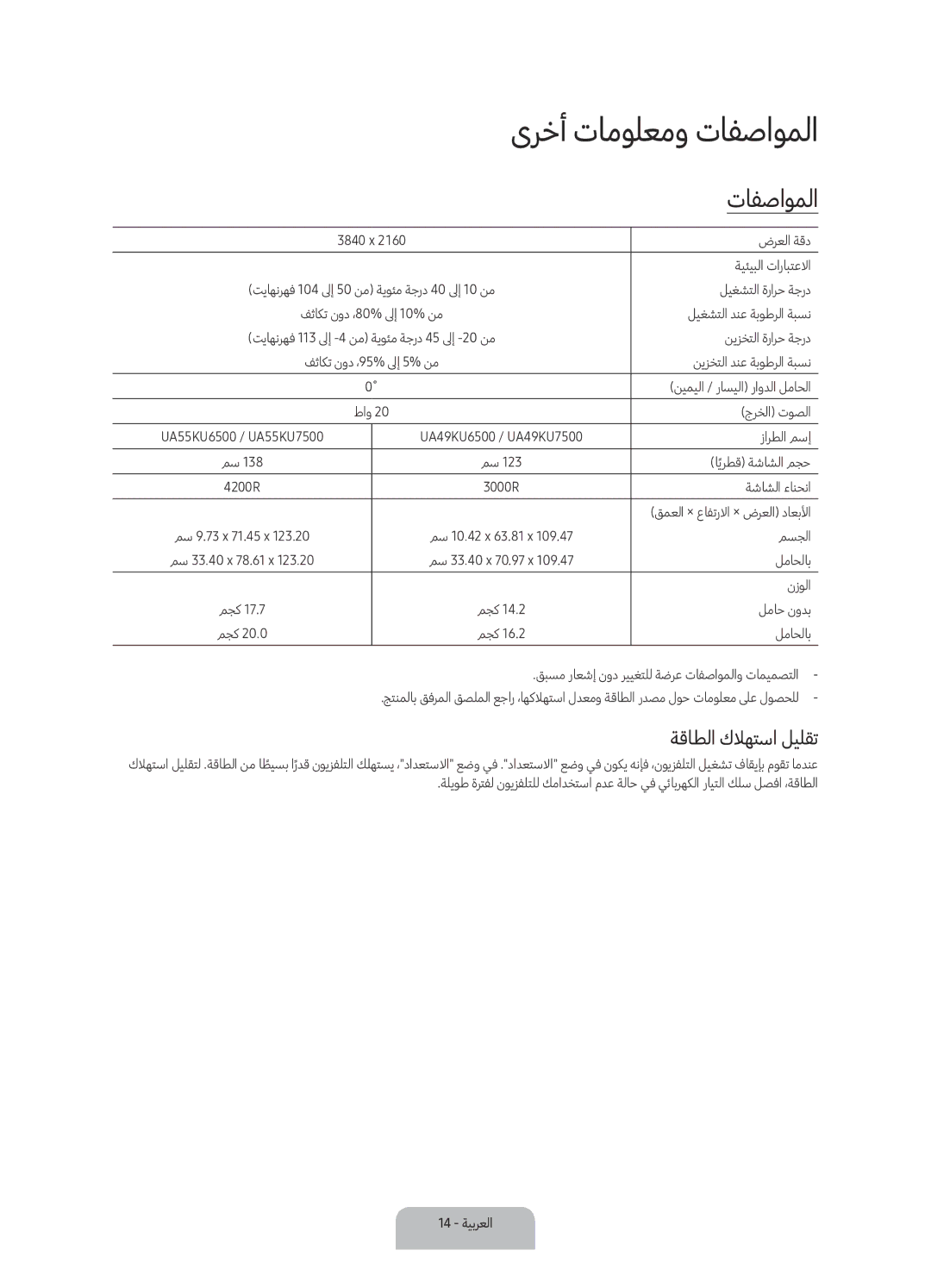 Samsung UA55KU7500RXUM manual ىرخأ تامولعمو تافصاوملا, ةقاطلا كلاهتسا ليلقت 