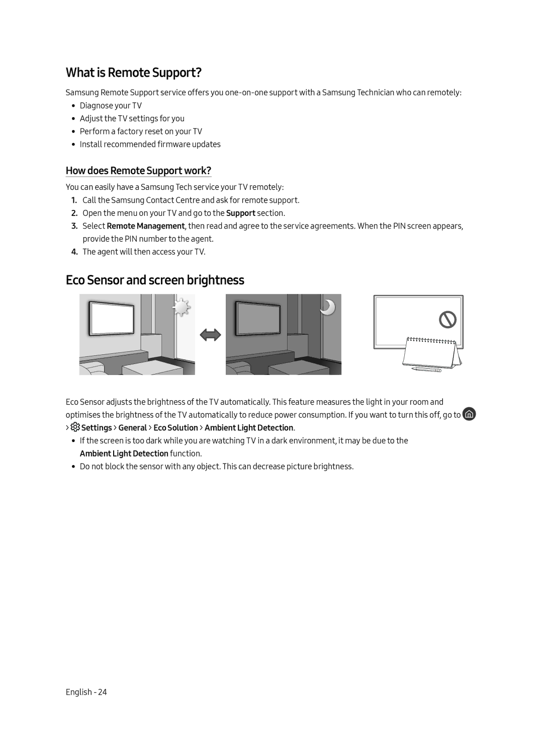 Samsung UA55LS003AKXXV manual What is Remote Support?, Eco Sensor and screen brightness, How does Remote Support work? 