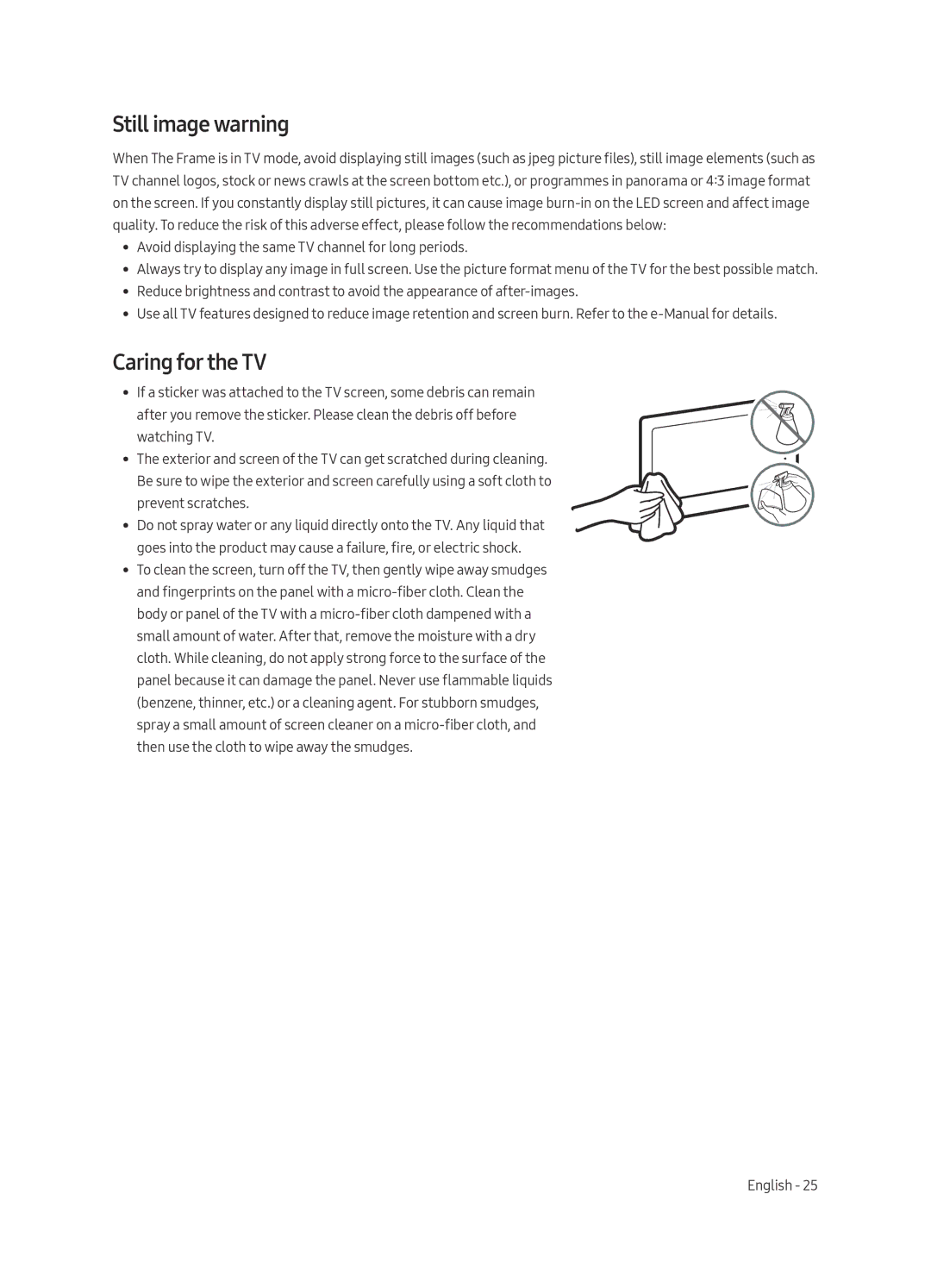 Samsung UA65LS003AKXXV, UA55LS003AKXXV manual Still image warning, Caring for the TV 