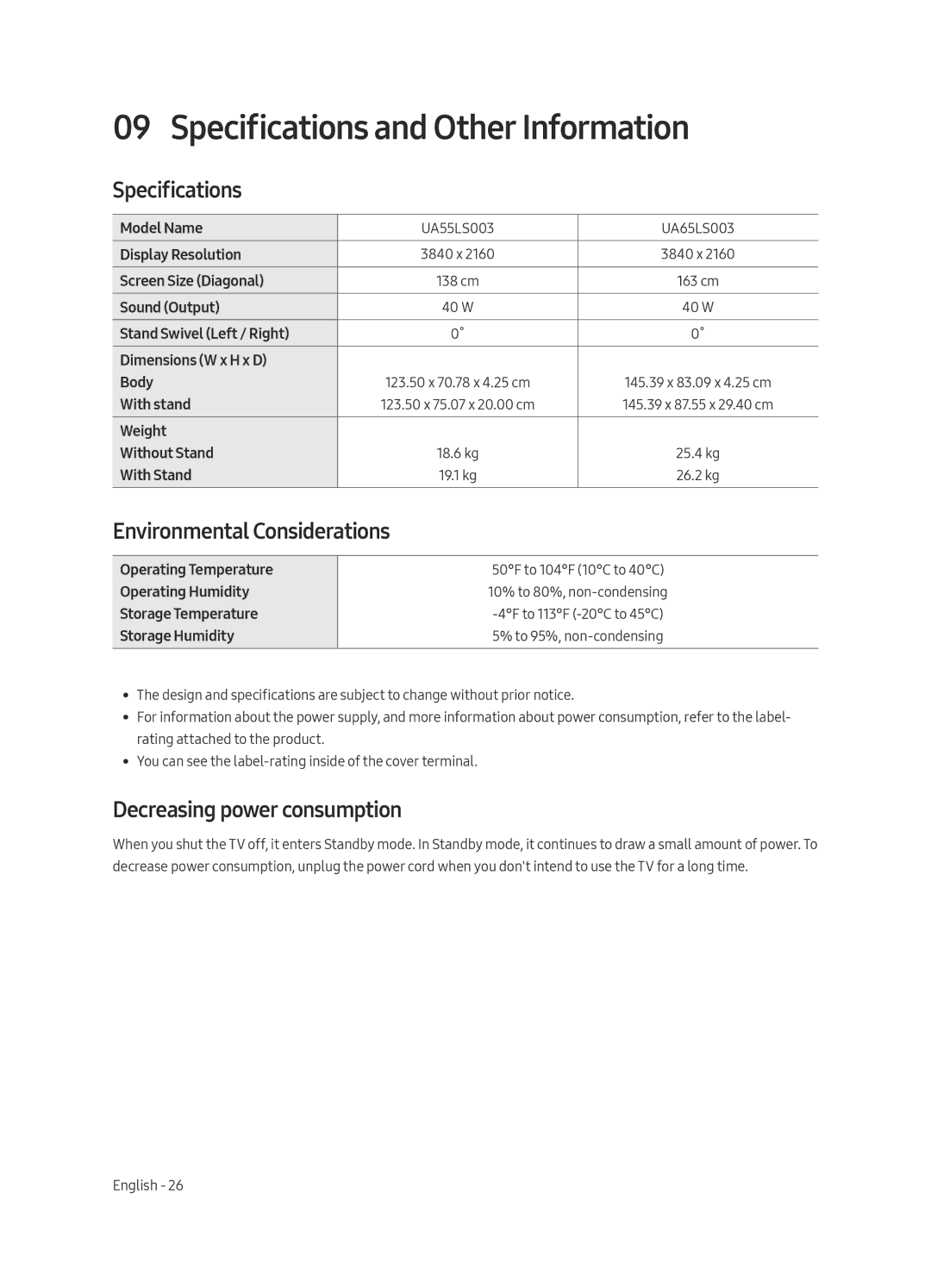 Samsung UA55LS003AKXXV Specifications and Other Information, Environmental Considerations, Decreasing power consumption 