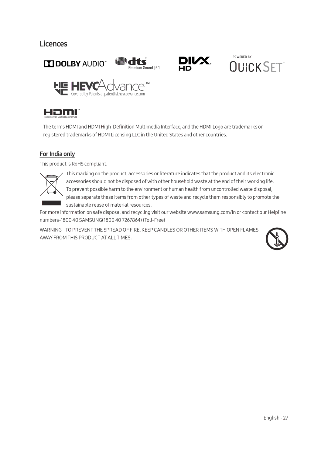 Samsung UA65LS003AKXXV, UA55LS003AKXXV manual Licences, For India only 