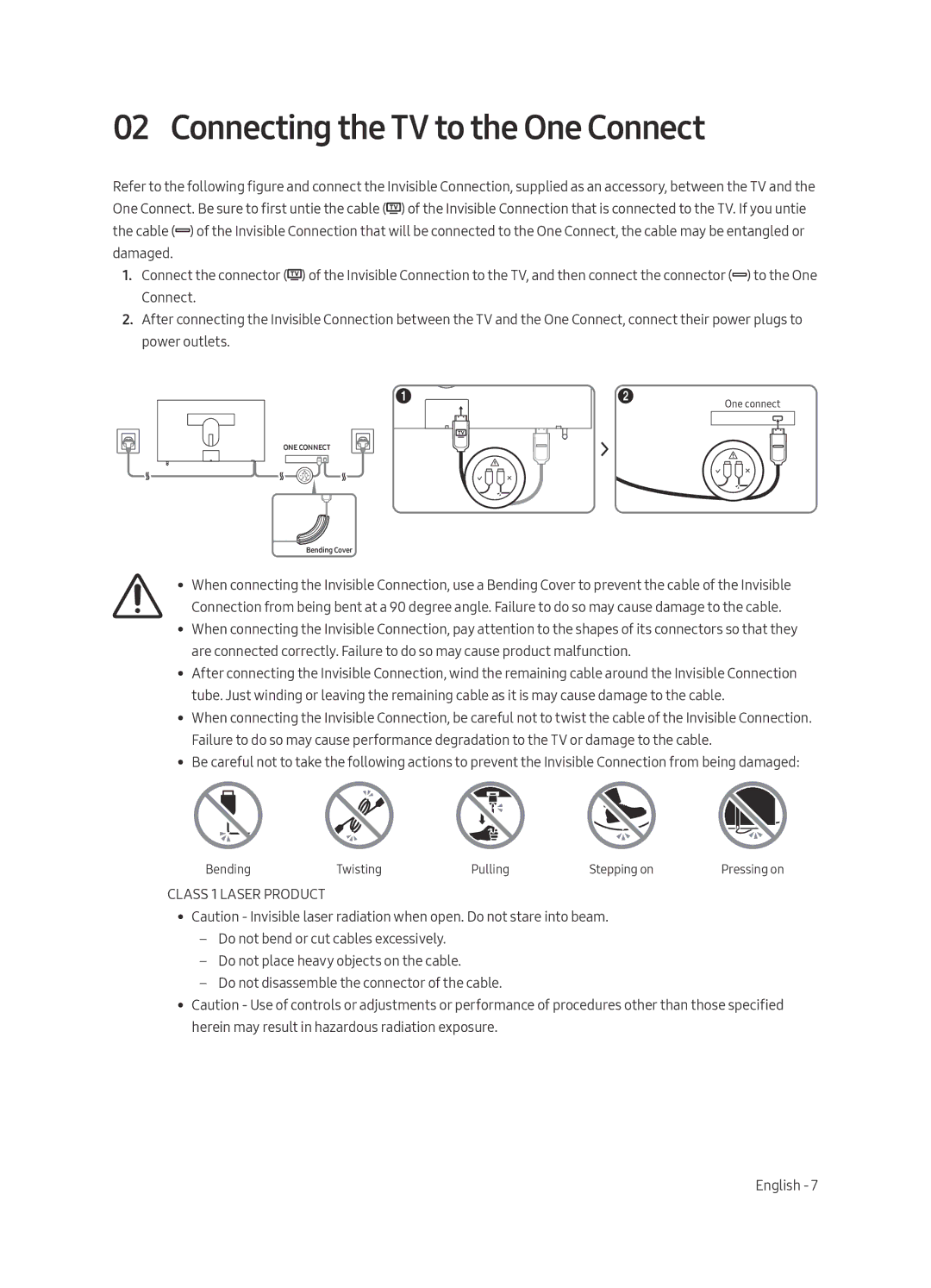 Samsung UA65LS003AKXXV, UA55LS003AKXXV manual Connecting the TV to the One Connect, Class 1 Laser Product 