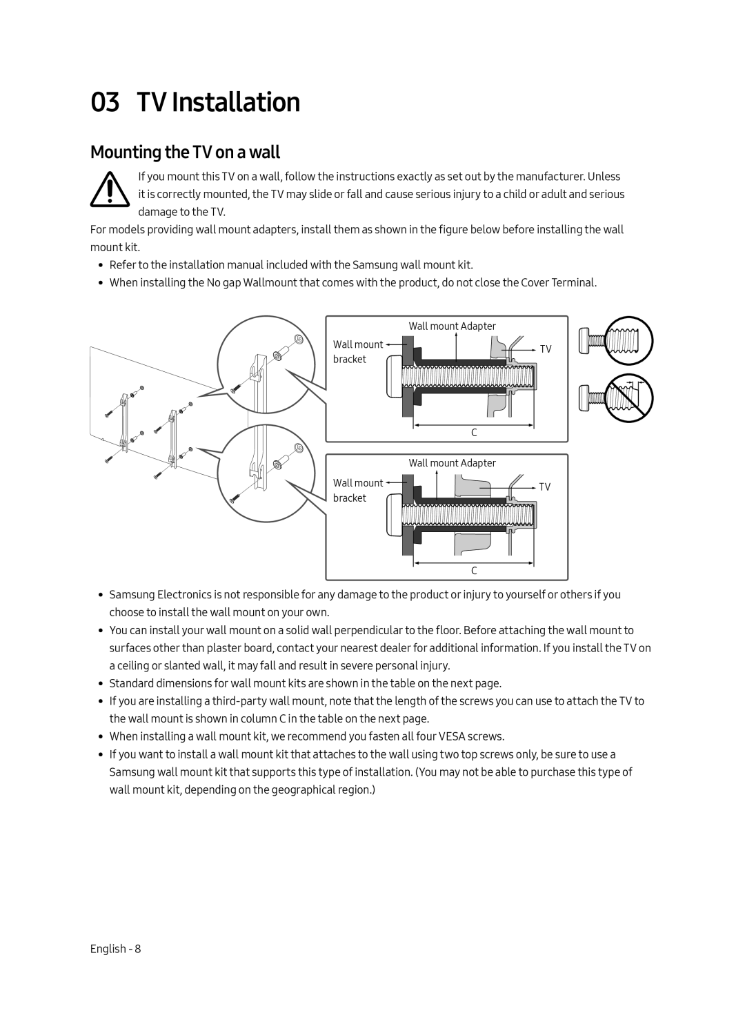 Samsung UA55LS003AKXXV, UA65LS003AKXXV manual TV Installation, Mounting the TV on a wall 