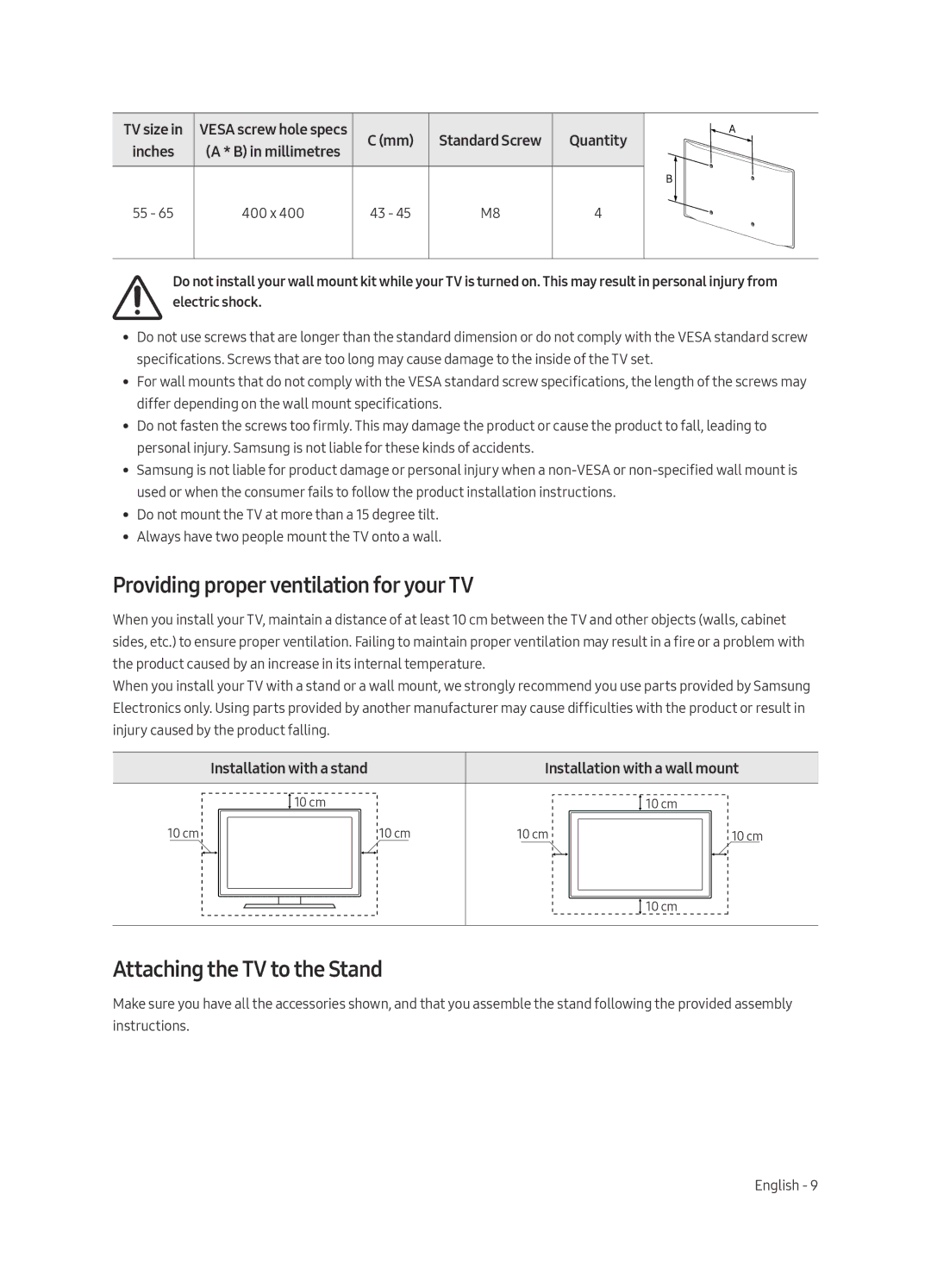 Samsung UA65LS003AKXXV, UA55LS003AKXXV Providing proper ventilation for your TV, Attaching the TV to the Stand, Quantity 