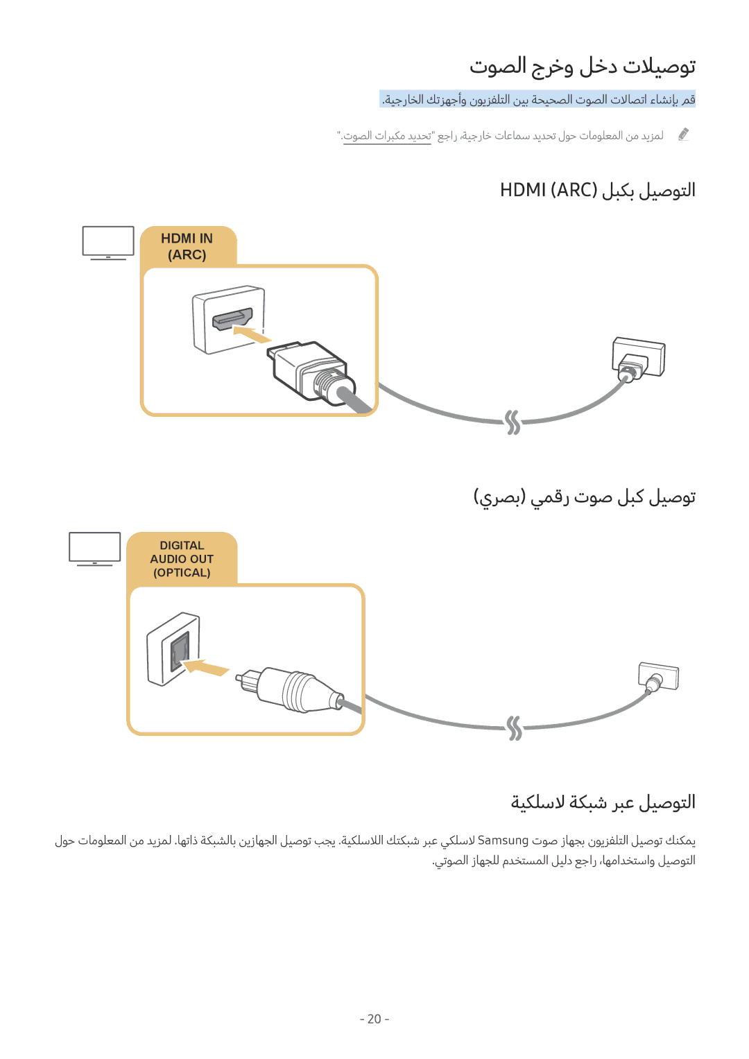 Samsung UA55M6000ARXUM توصلا جرخو لخد تلايصوت, Hdmi ARC لبكب ليصوتلا, يرصب يمقر توص لبك ليصوت, ةيكلسلا ةكبش ربع ليصوتلا 