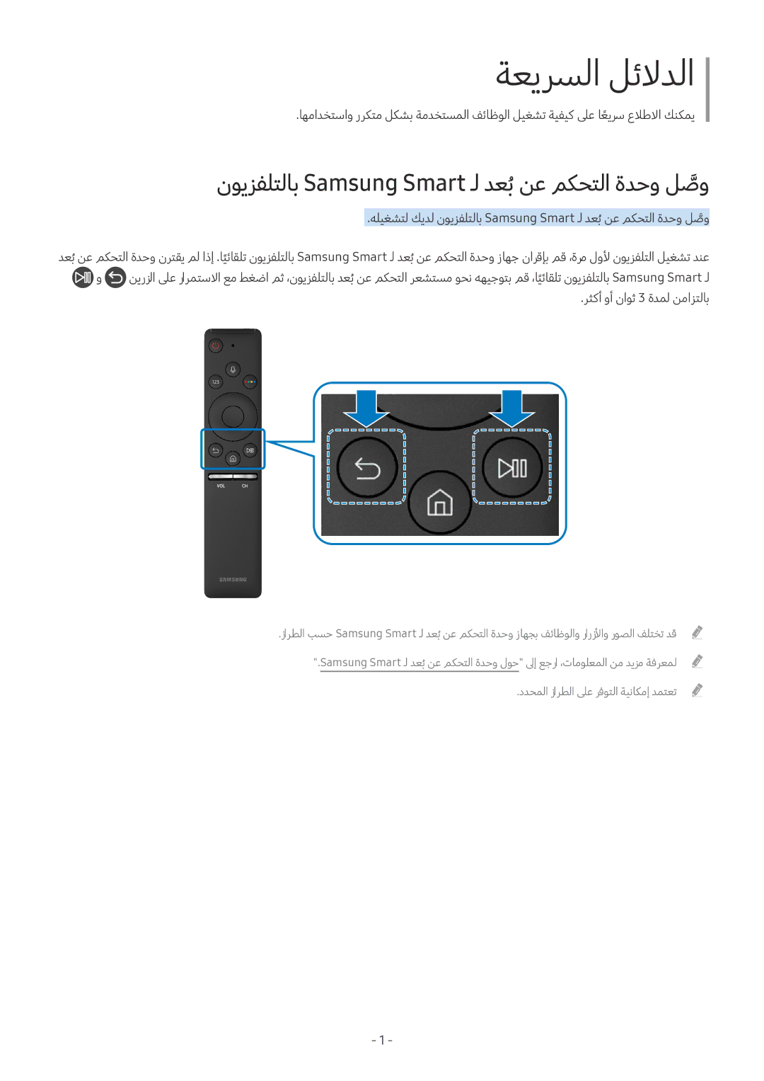 Samsung UA55M6000ARXUM manual ةعيرسلا لئلادلا, نويزفلتلاب Samsung Smart ـل دعبُنع مكحتلا ةدحو لصوَّ 