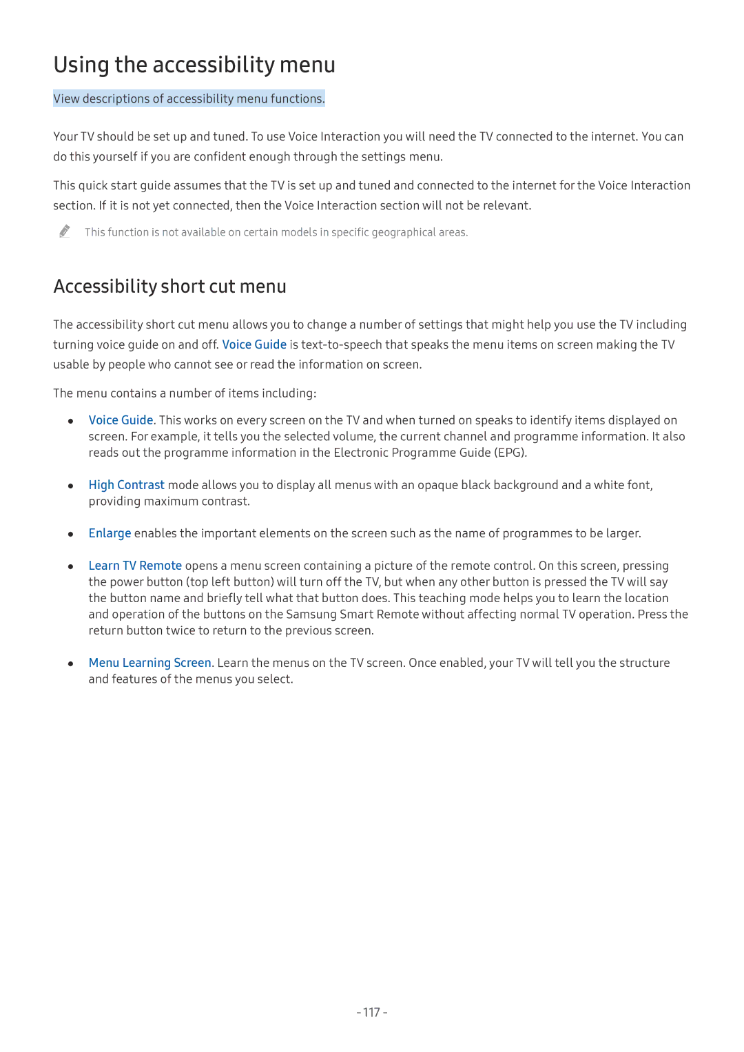 Samsung UA55M6000ARXUM manual Using the accessibility menu, Accessibility short cut menu 