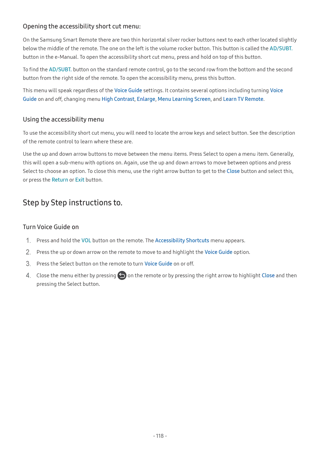 Samsung UA55M6000ARXUM manual Step by Step instructions to, Opening the accessibility short cut menu, Turn Voice Guide on 