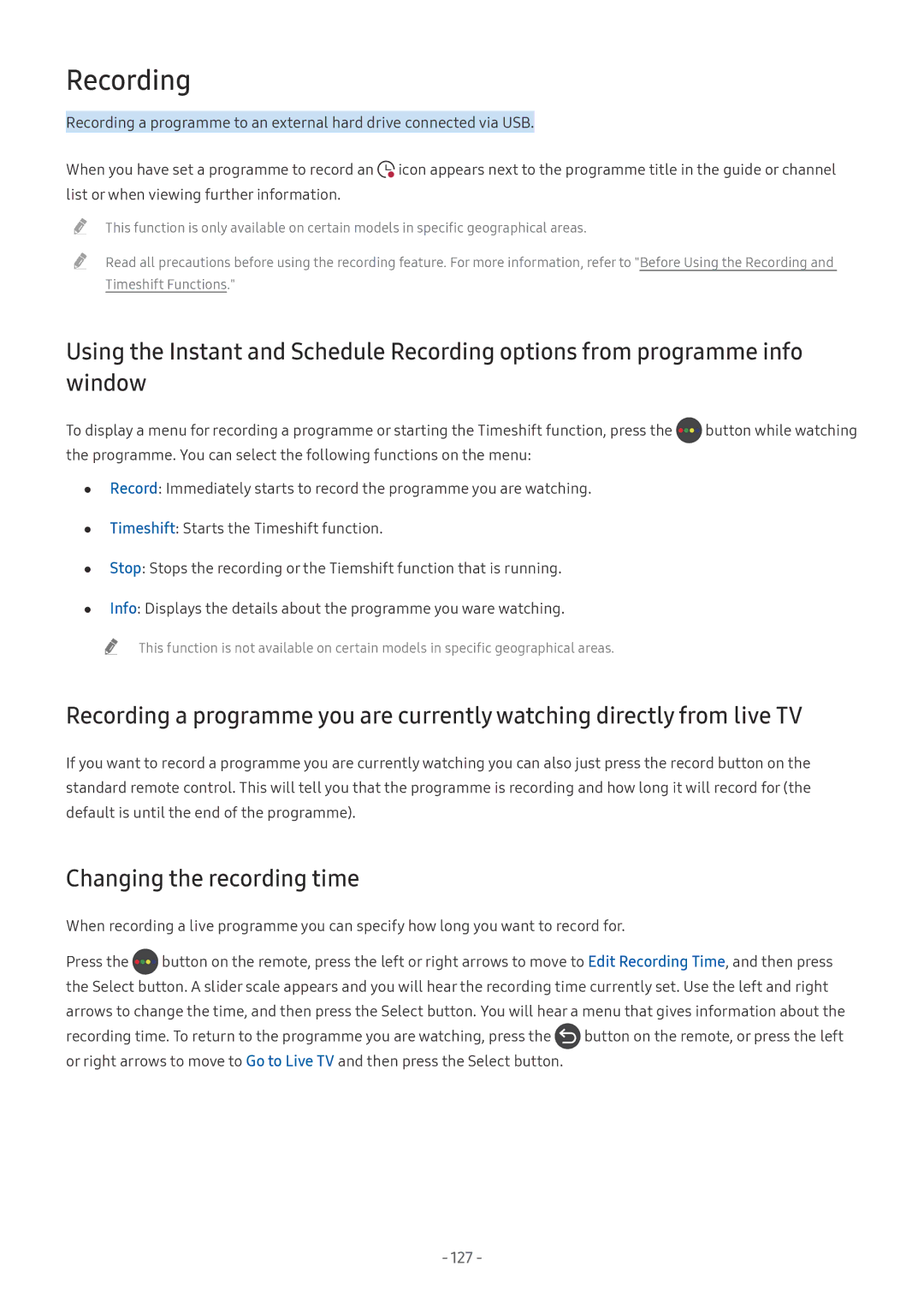 Samsung UA55M6000ARXUM manual Recording, Changing the recording time 