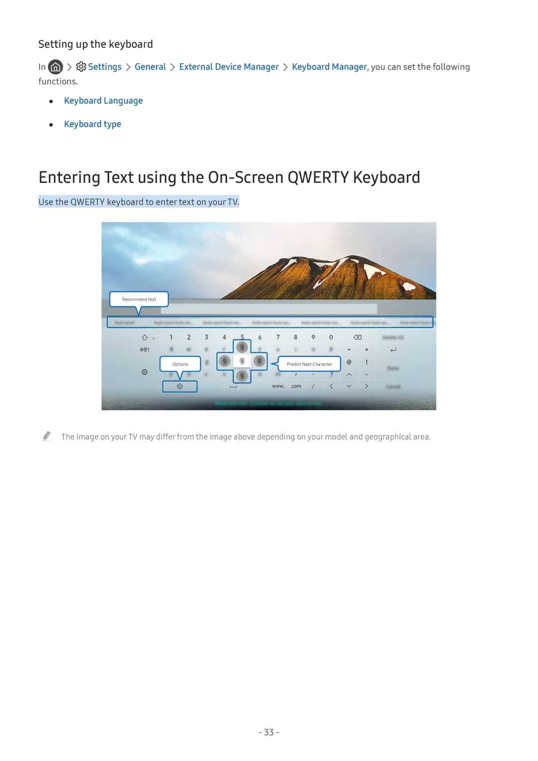 Samsung UA55M6000ARXUM manual Entering Text using the On-Screen Qwerty Keyboard, Setting up the keyboard 