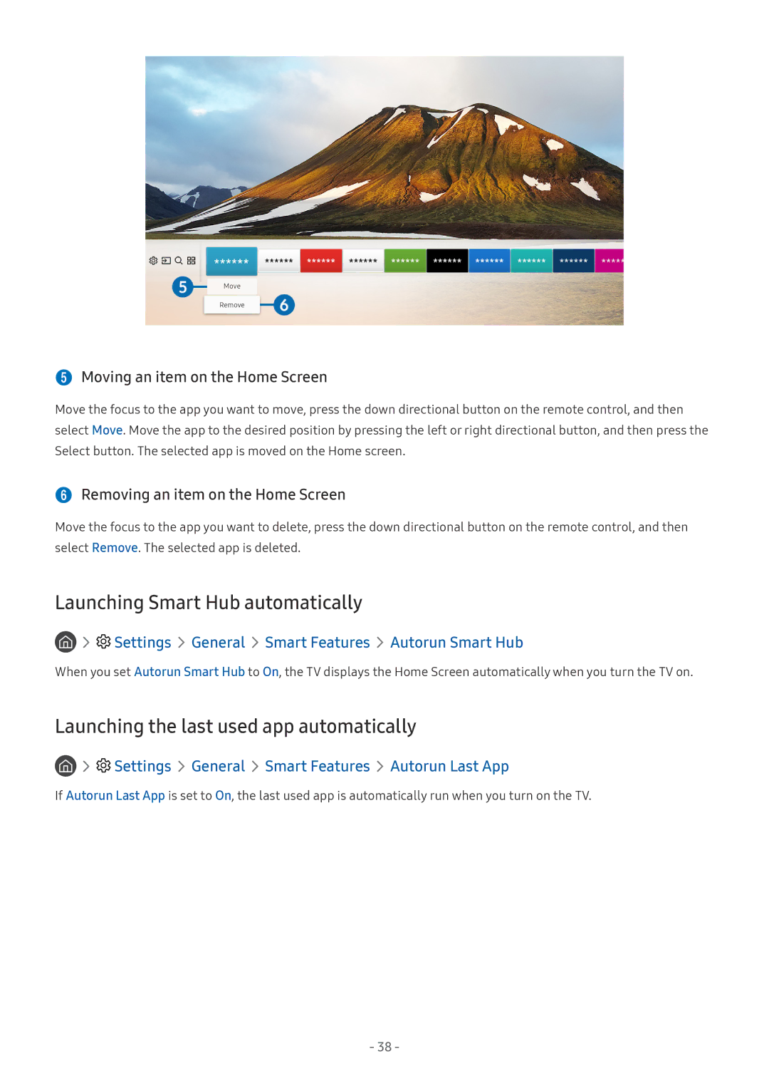Samsung UA55M6000ARXUM manual Launching Smart Hub automatically, Launching the last used app automatically 