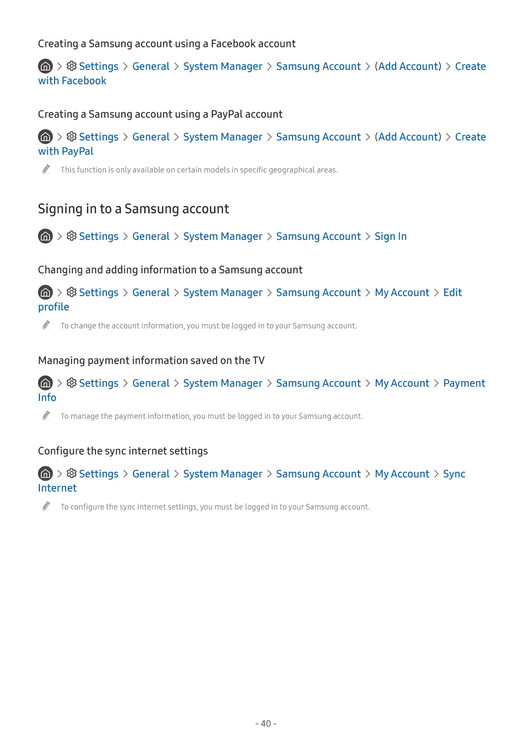 Samsung UA55M6000ARXUM manual Signing in to a Samsung account, Settings General System Manager Samsung Account Sign 