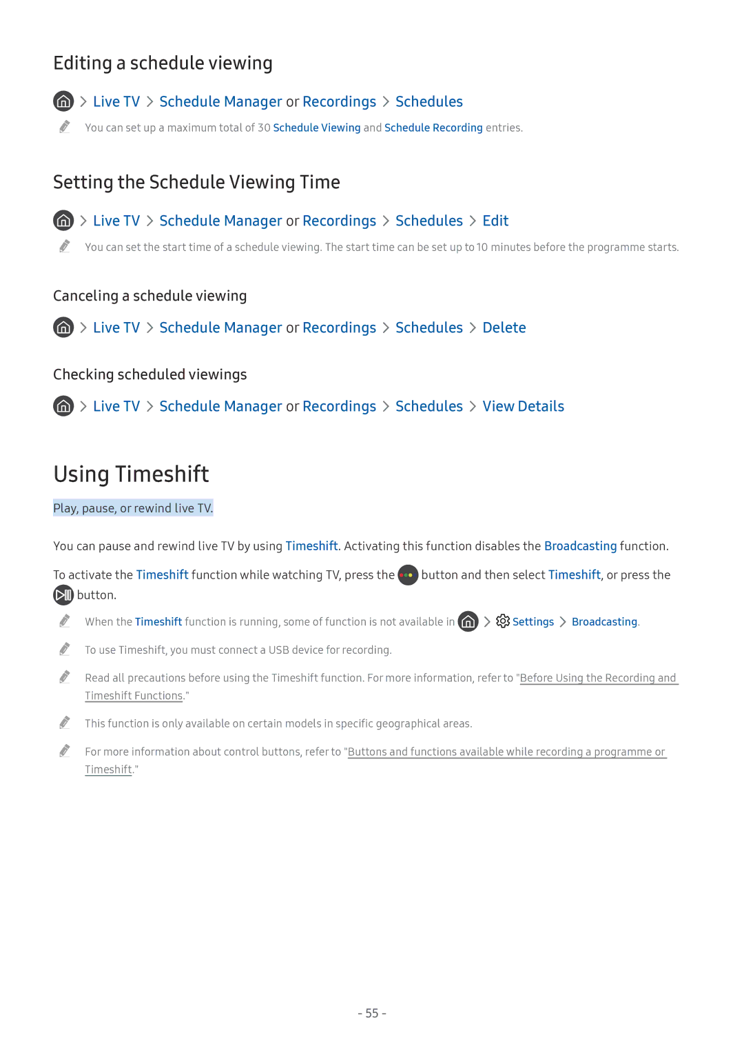 Samsung UA55M6000ARXUM manual Using Timeshift, Editing a schedule viewing, Setting the Schedule Viewing Time 