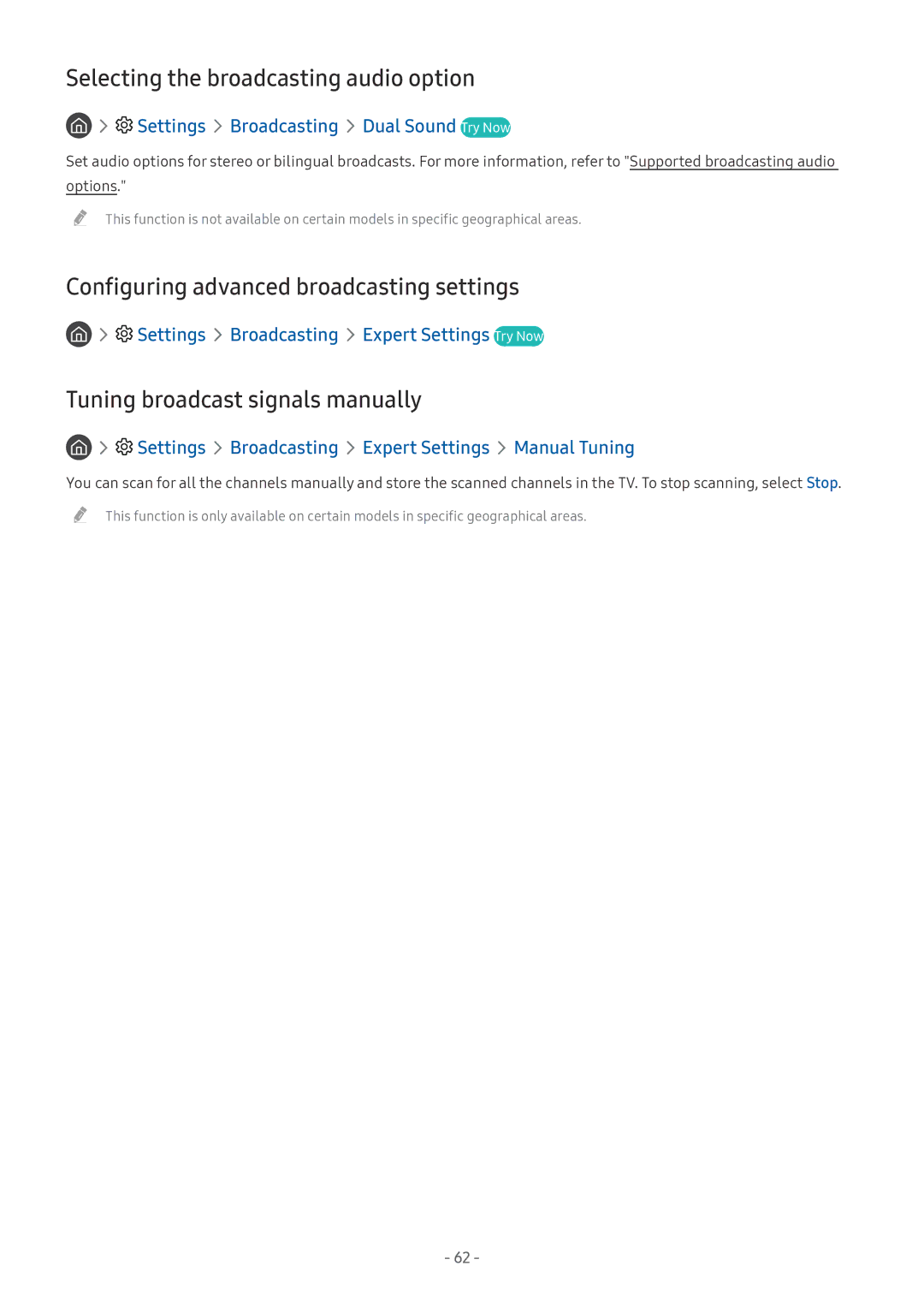 Samsung UA55M6000ARXUM manual Selecting the broadcasting audio option, Configuring advanced broadcasting settings 