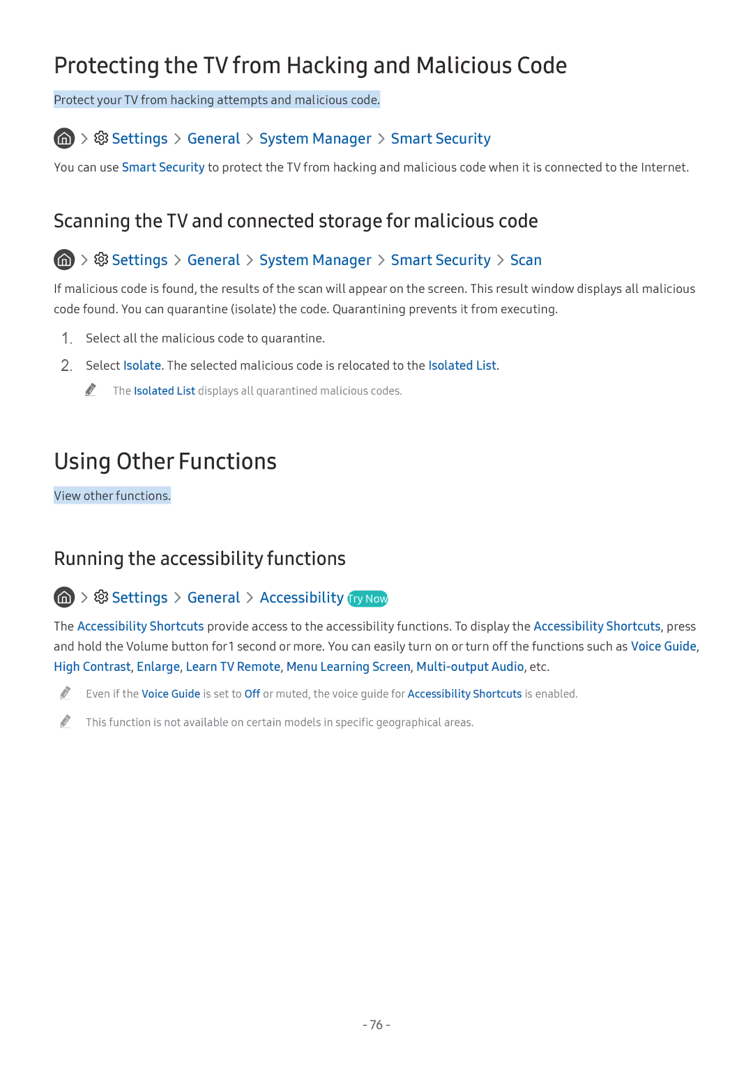 Samsung UA55M6000ARXUM manual Protecting the TV from Hacking and Malicious Code, Using Other Functions 