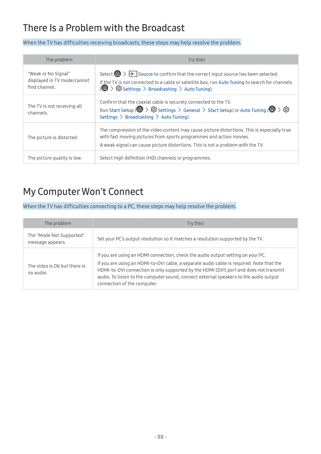 Samsung UA55M6000ARXUM manual There Is a Problem with the Broadcast, My Computer Wont Connect 