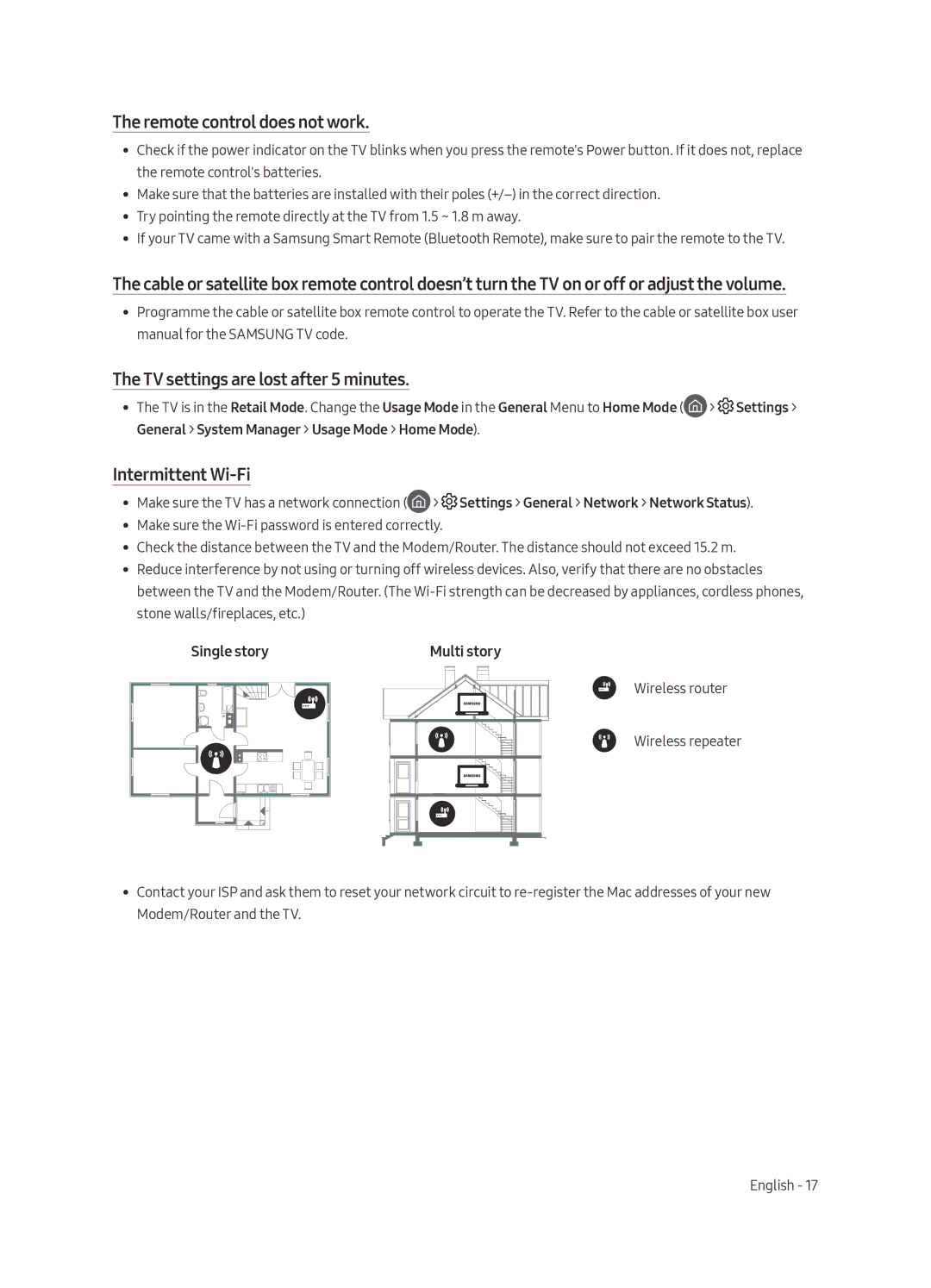 Samsung UA43MU6100KXXV manual Remote control does not work, TV settings are lost after 5 minutes, Intermittent Wi-Fi 