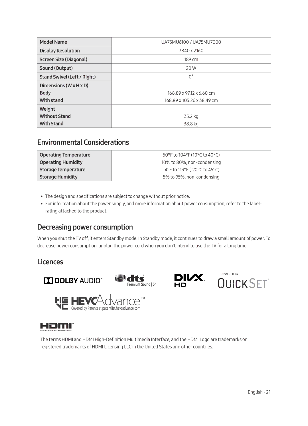 Samsung UA55MU6100KXXV, UA50MU6100KXXV, UA40MU6100KXXV Environmental Considerations, Decreasing power consumption, Licences 