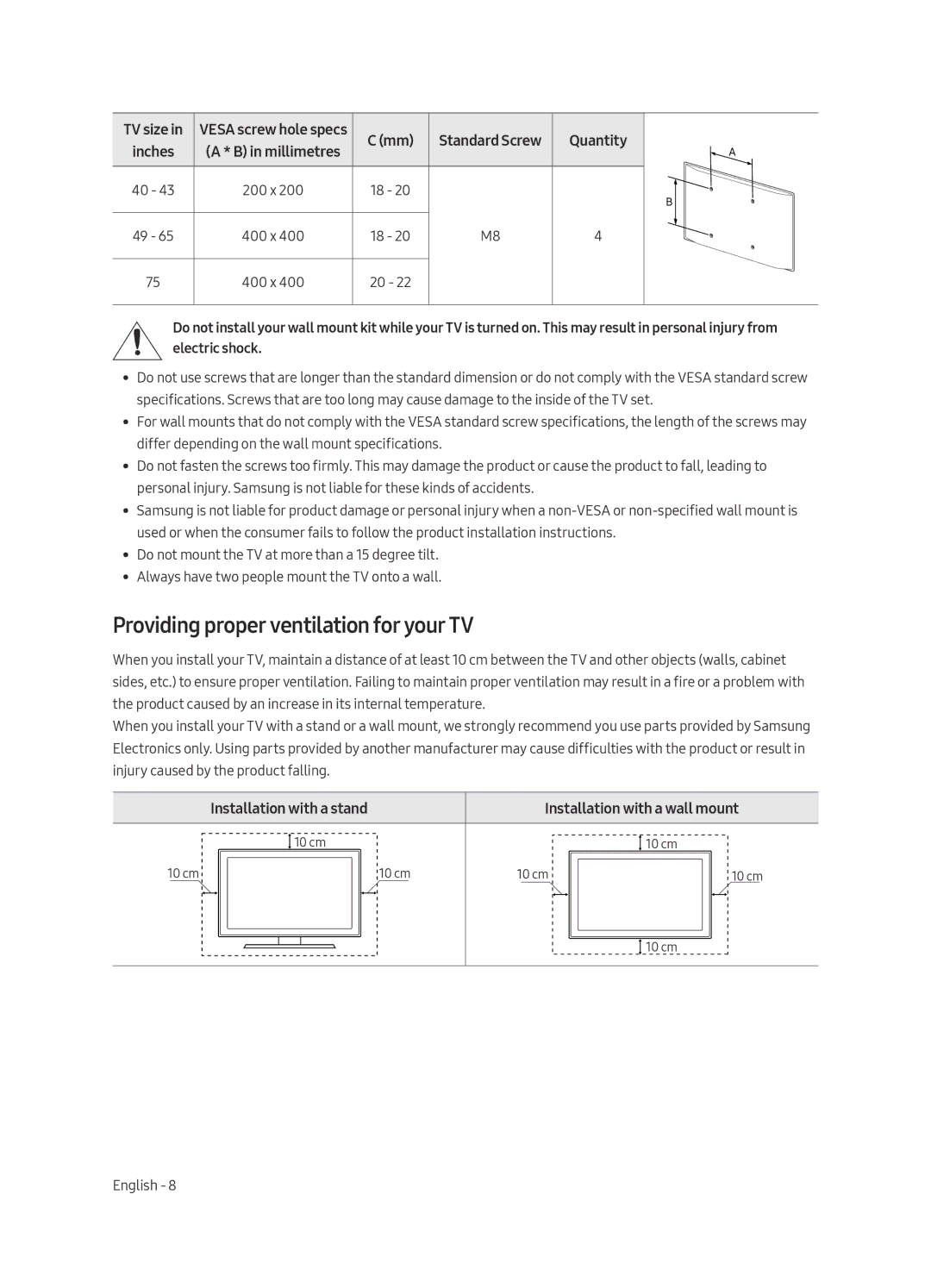 Samsung UA50MU6100KXXV, UA55MU6100KXXV, UA40MU6100KXXV, UA43MU6100KXXV manual Providing proper ventilation for your TV 