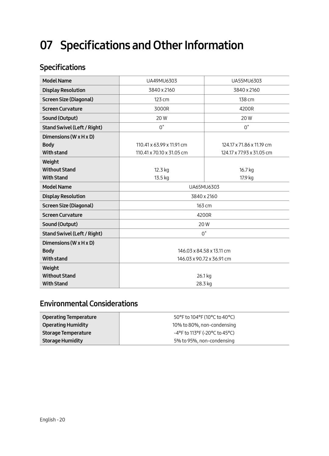 Samsung UA55MU6303KXXV, UA49MU6303KXXV manual Specifications and Other Information, Environmental Considerations 