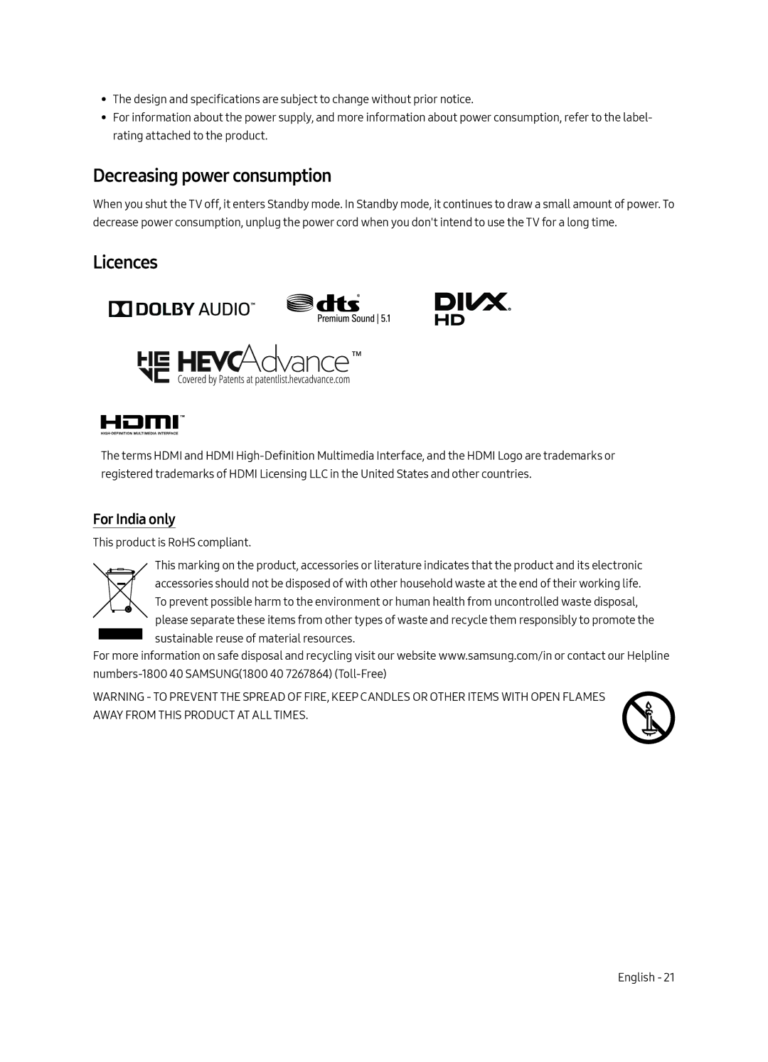 Samsung UA49MU6303KXXV, UA55MU6303KXXV manual Decreasing power consumption, Licences, For India only 