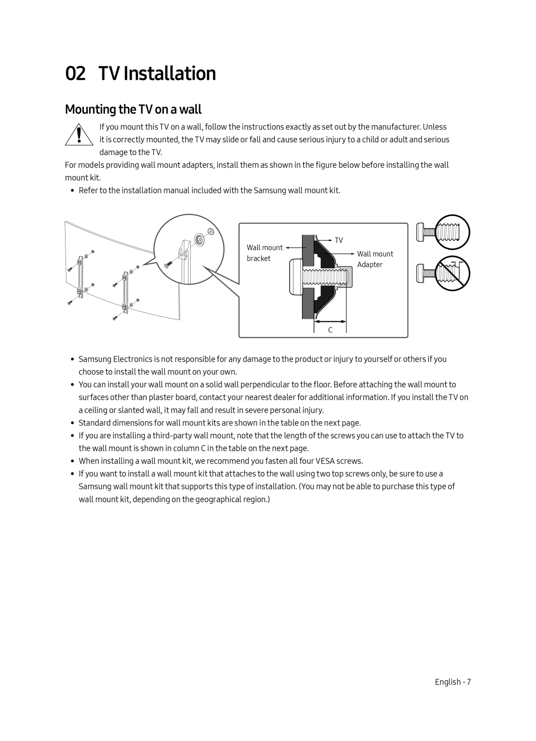 Samsung UA49MU6303KXXV, UA55MU6303KXXV manual TV Installation, Mounting the TV on a wall 