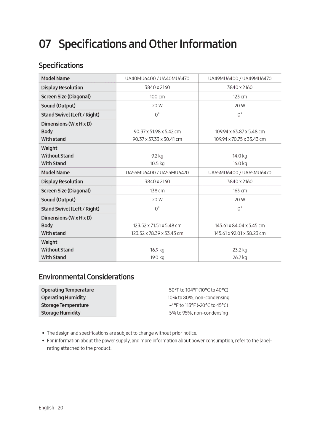 Samsung UA55MU6400KXXV, UA40MU6400KXXV, UA49MU6400KXXV Specifications and Other Information, Environmental Considerations 