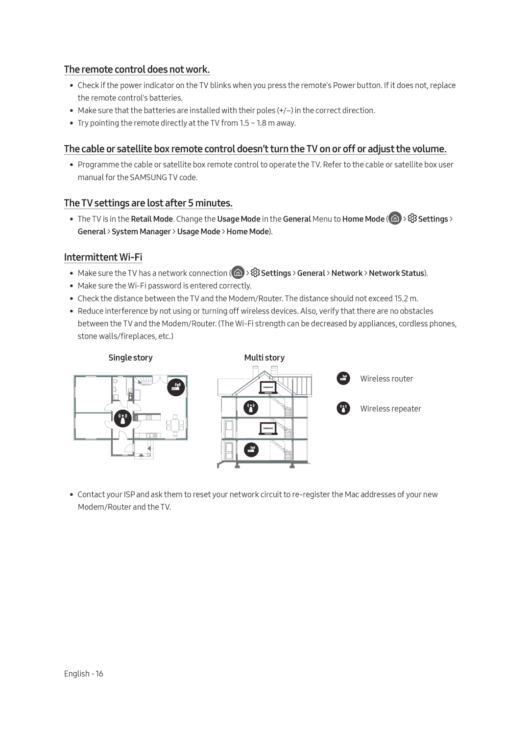 Samsung UA65MU7350RXUM manual Remote control does not work, TV settings are lost after 5 minutes, Intermittent Wi-Fi 