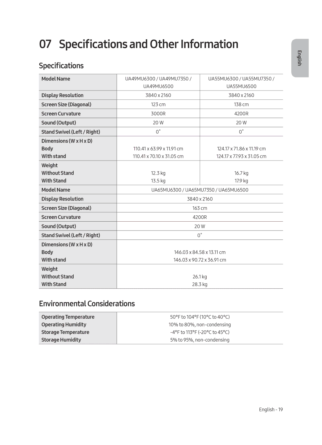 Samsung UA65MU7350RXUM, UA55MU7350RXUM, UA49MU7350RXUM Specifications and Other Information, Environmental Considerations 