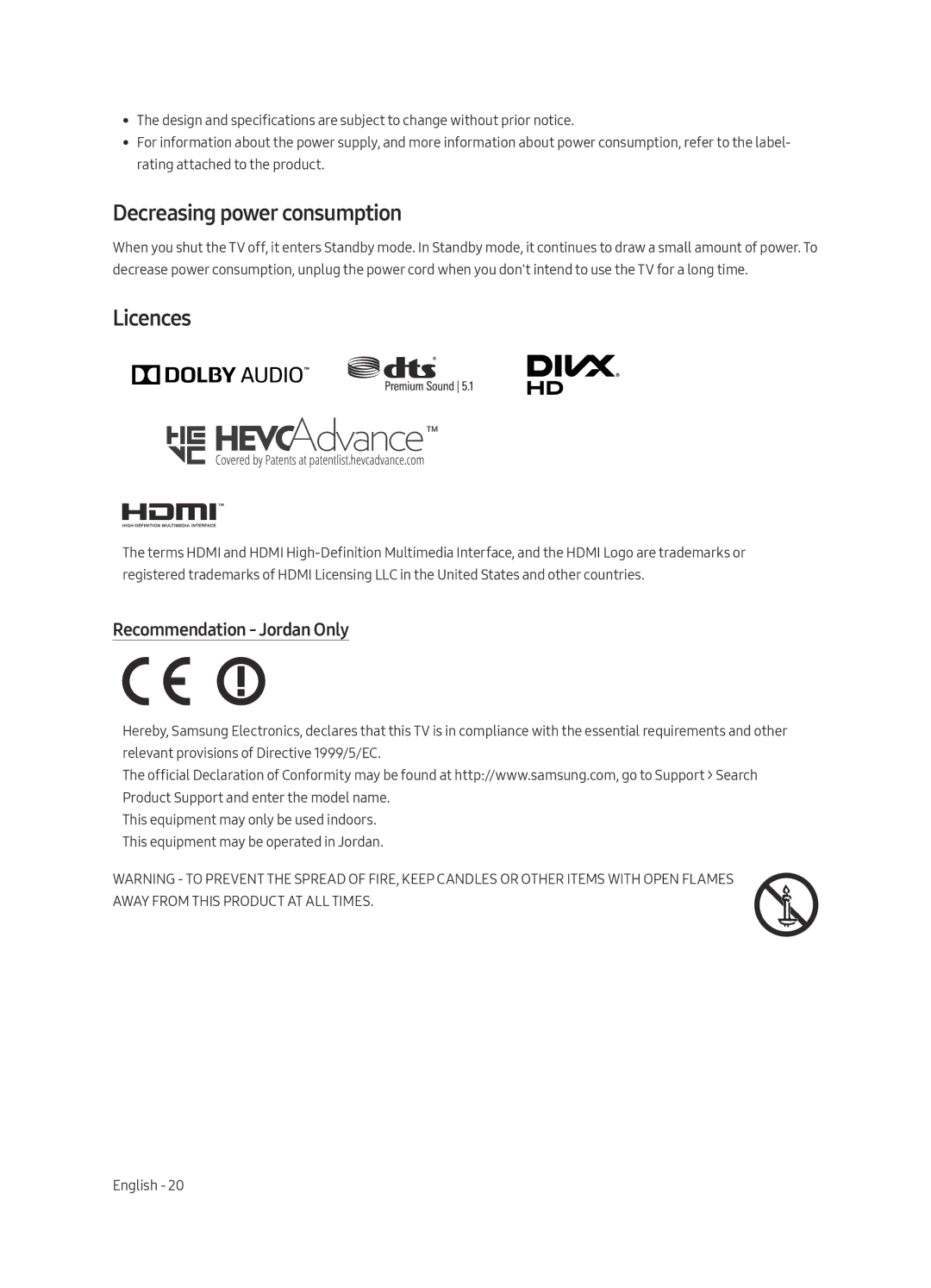 Samsung UA49MU7350RXUM, UA55MU7350RXUM, UA65MU7350RXUM Decreasing power consumption, Licences, Recommendation Jordan Only 