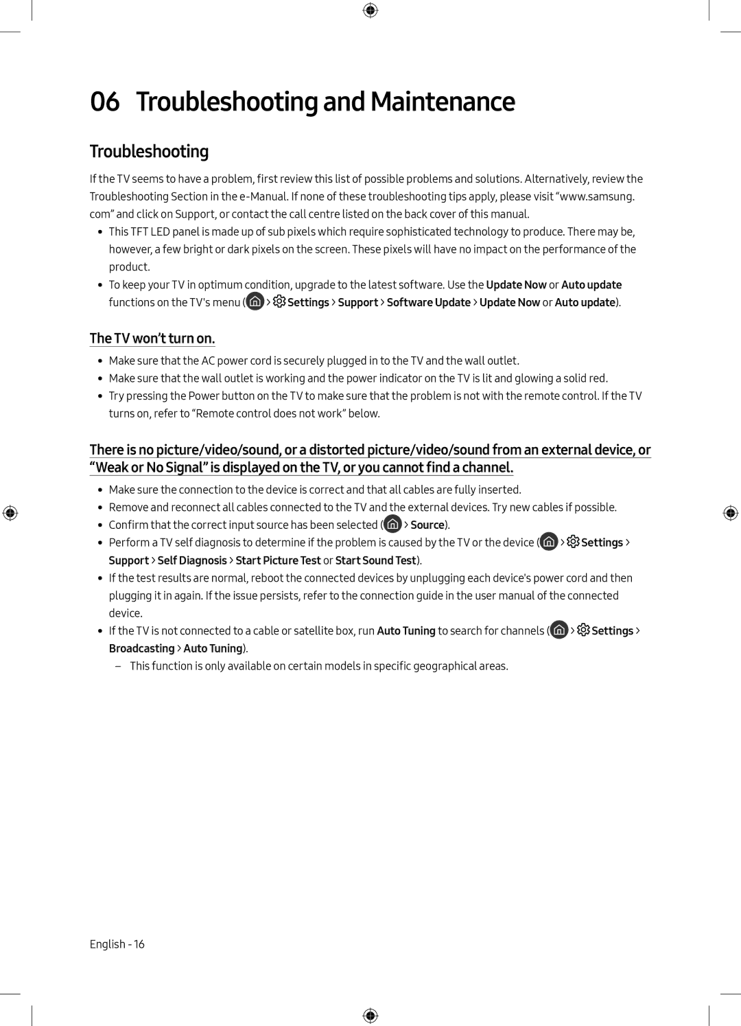 Samsung UA55MU7000KXXV, UA55MU8000KXXV, UA65MU7000KXXV, UA75MU7000KXXV Troubleshooting and Maintenance, TV won’t turn on 