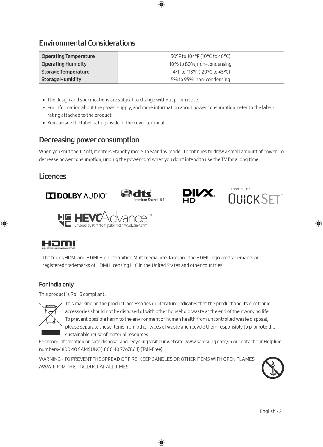 Samsung UA82MU7000KXXV manual Environmental Considerations, Decreasing power consumption, Licences, For India only 