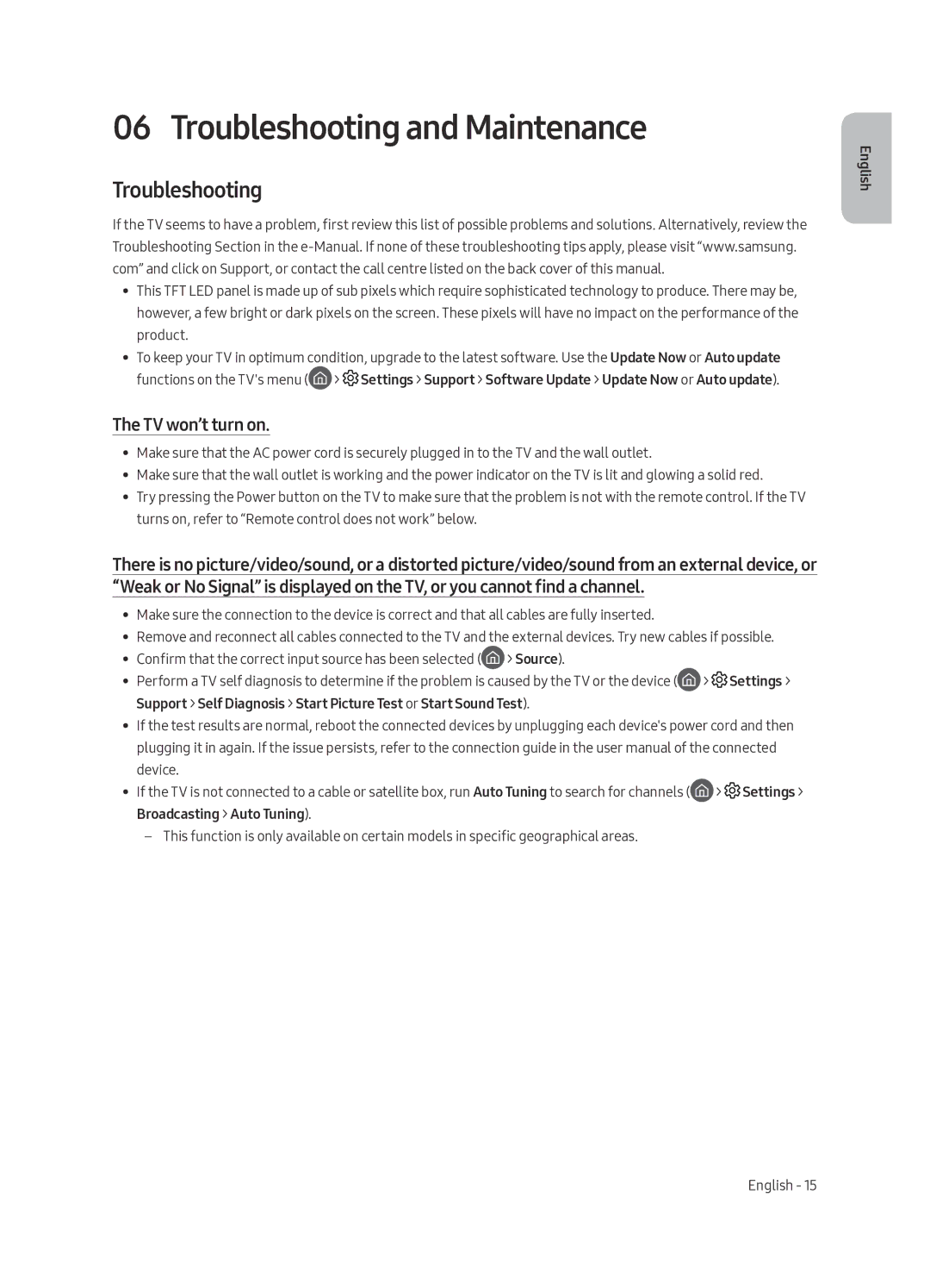 Samsung UA65MU8000RXUM, UA55MU8000RXUM manual Troubleshooting and Maintenance, TV won’t turn on 