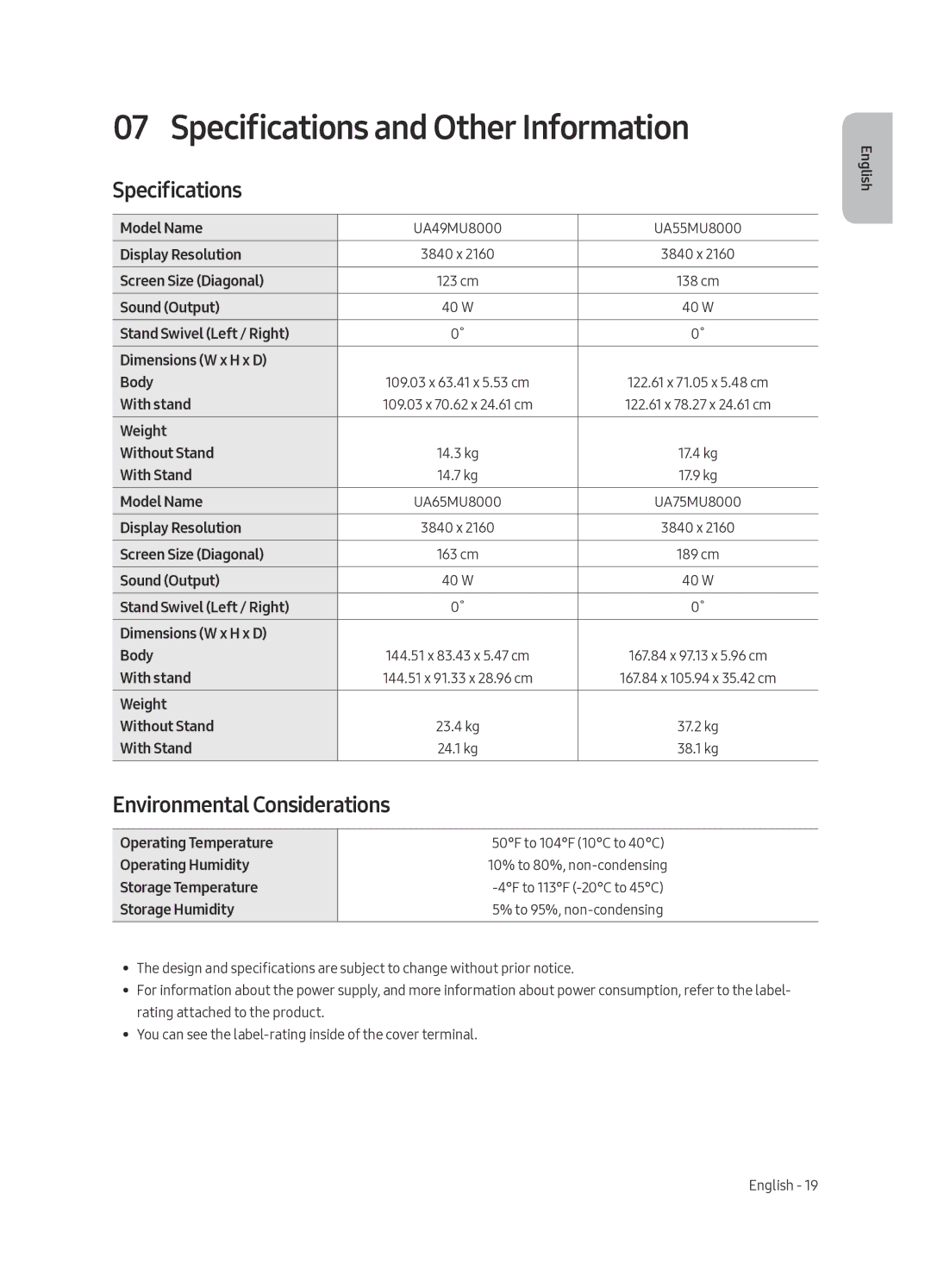 Samsung UA65MU8000RXUM, UA55MU8000RXUM manual Specifications and Other Information, Environmental Considerations 