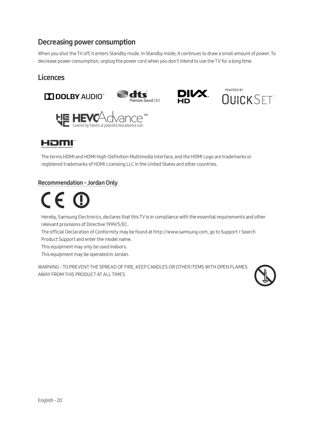 Samsung UA55MU8000RXUM, UA65MU8000RXUM manual Decreasing power consumption, Licences, Recommendation Jordan Only 