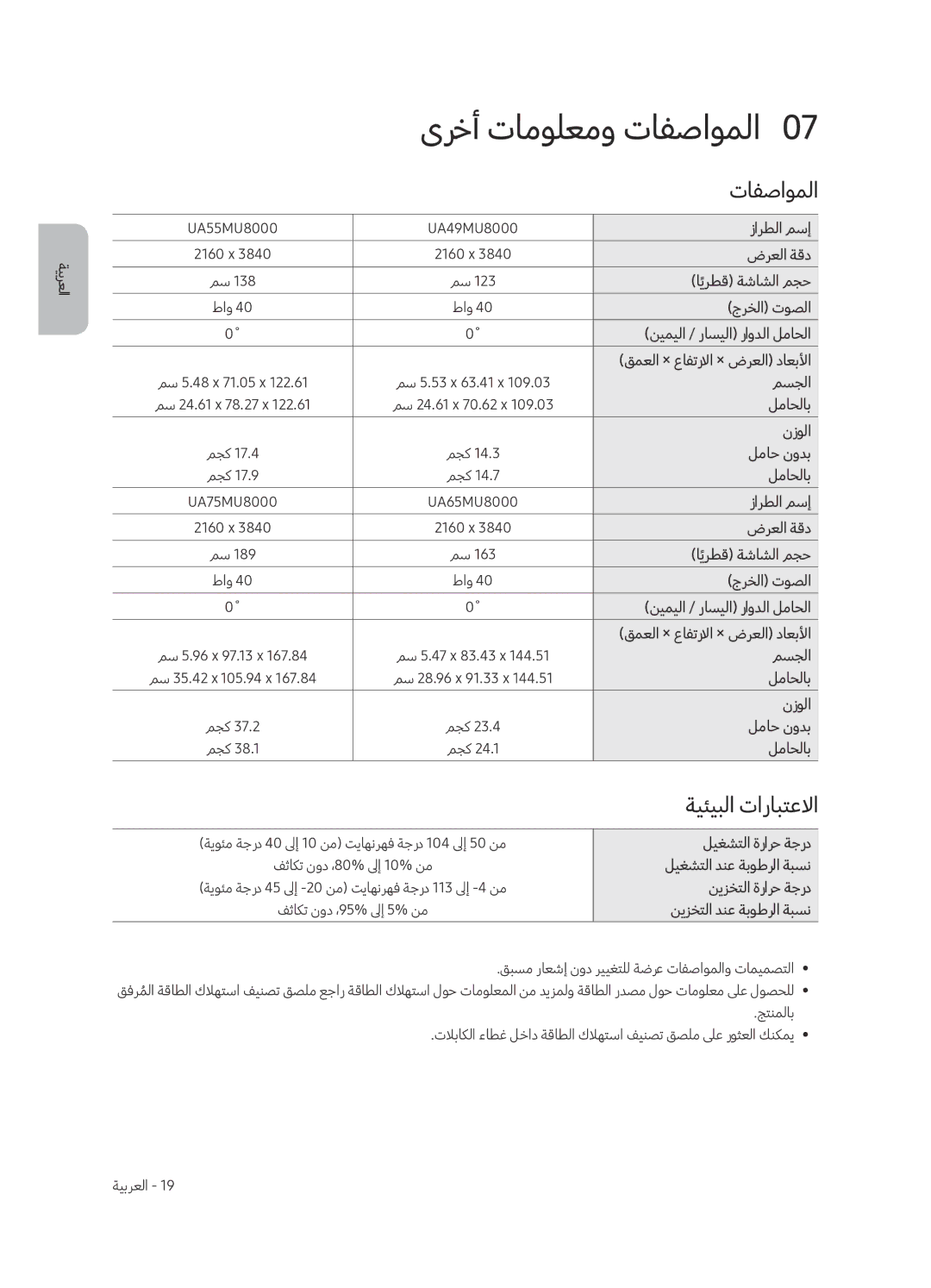 Samsung UA55MU8000RXUM, UA65MU8000RXUM manual ىرخأ تامولعمو تافصاوملا0, ةيئيبلا تارابتعلاا 