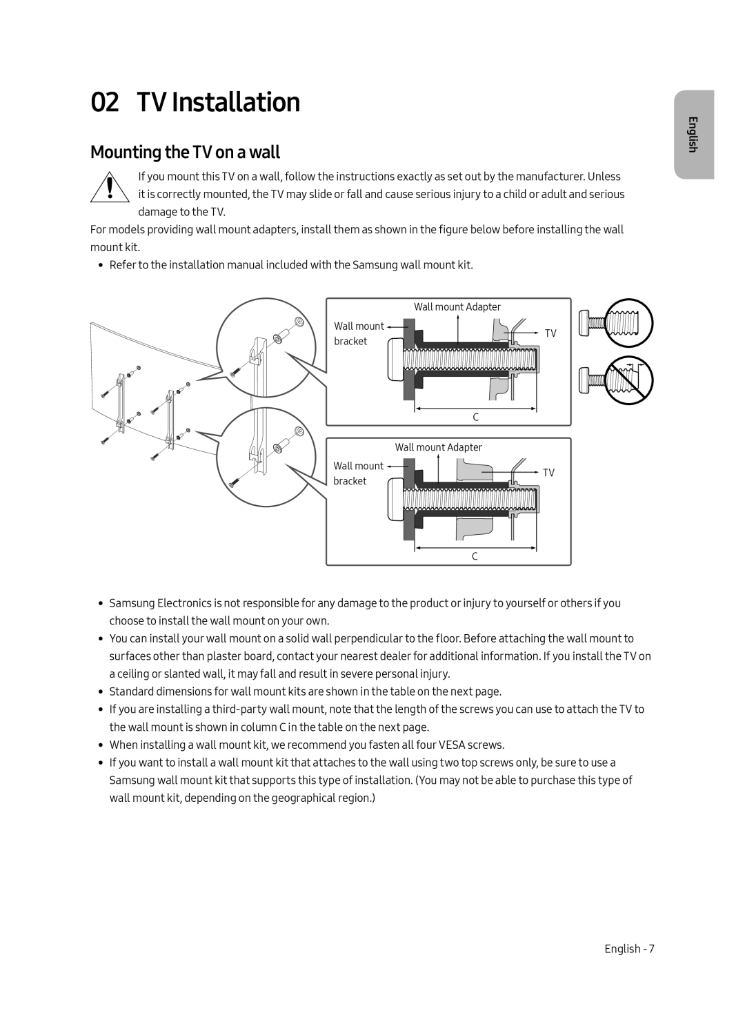 Samsung UA65MU8500RXUM, UA55MU8500RXUM manual TV Installation, Mounting the TV on a wall 