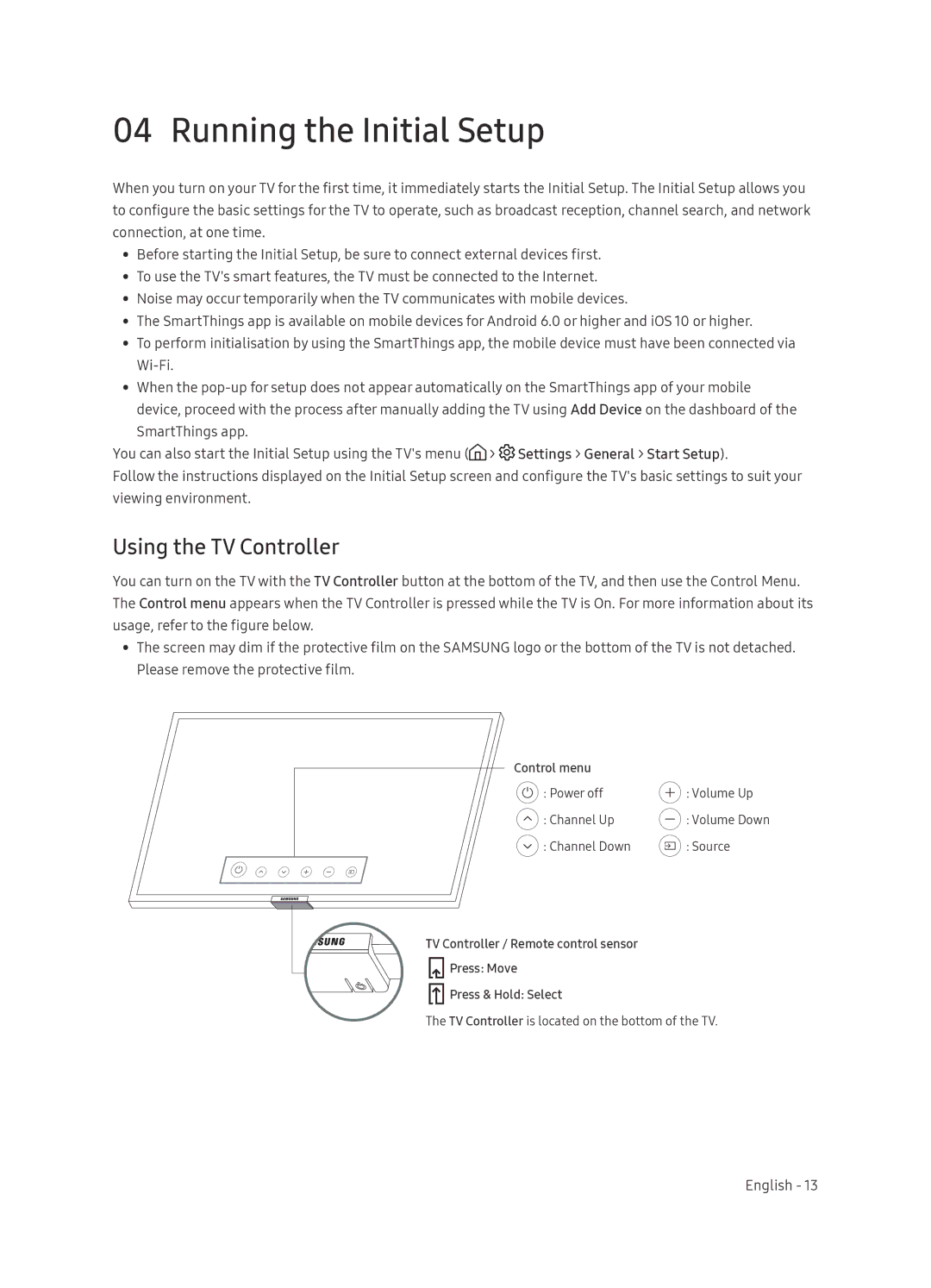 Samsung UA65NU7100KXXV, UA55NU7100KXXV, UA49NU7100KXXV manual Running the Initial Setup, Using the TV Controller 