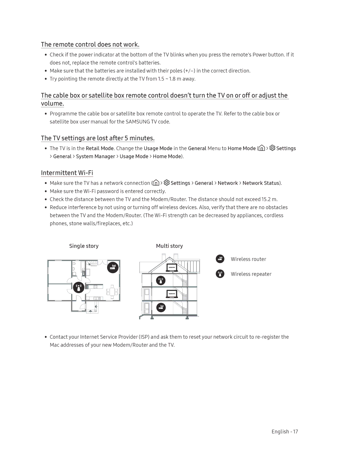 Samsung UA49NU7100KXXV, UA55NU7100KXXV, UA65NU7100KXXV manual Remote control does not work, Intermittent Wi-Fi 