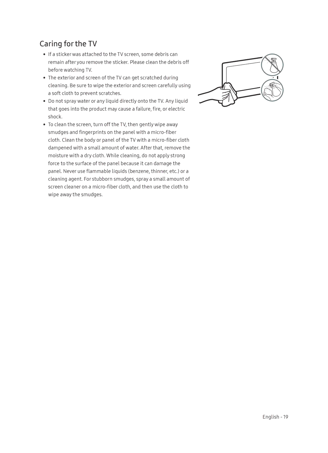 Samsung UA65NU7100KXXV, UA55NU7100KXXV, UA49NU7100KXXV manual Caring for the TV 