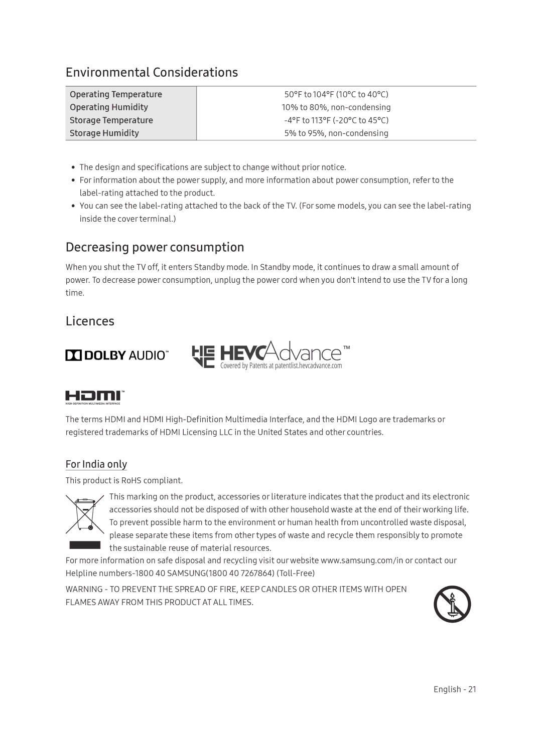 Samsung UA55NU7100KXXV manual Environmental Considerations, Decreasing power consumption, Licences, For India only 