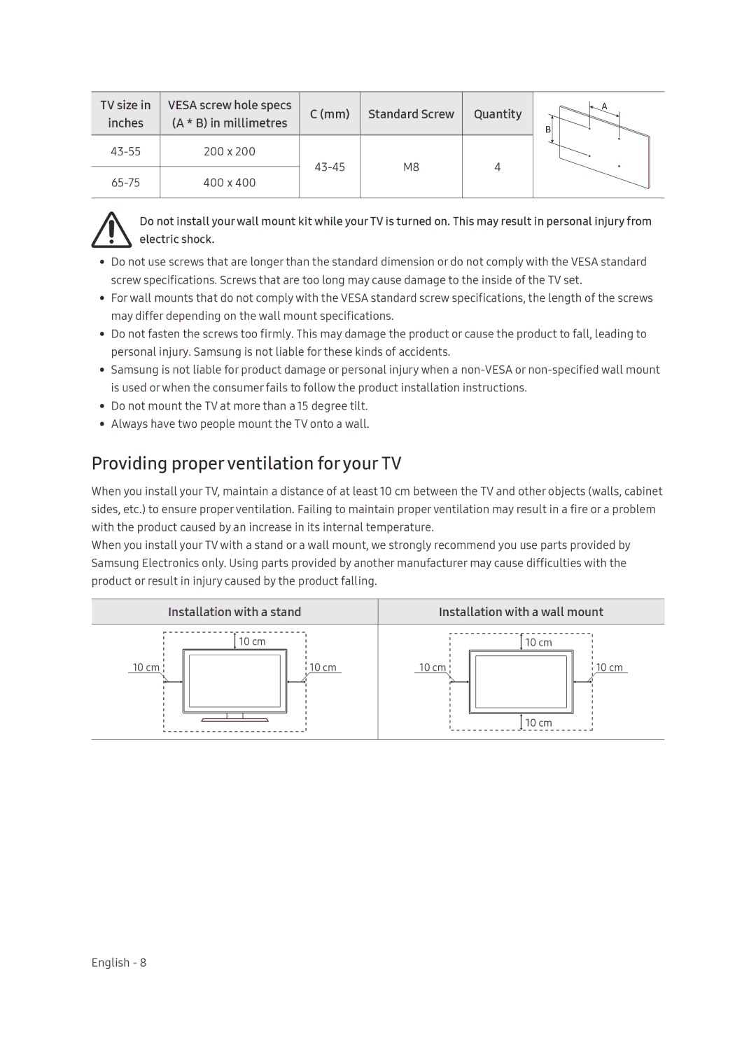 Samsung UA49NU7100KXXV, UA55NU7100KXXV, UA65NU7100KXXV manual Providing proper ventilation for your TV 