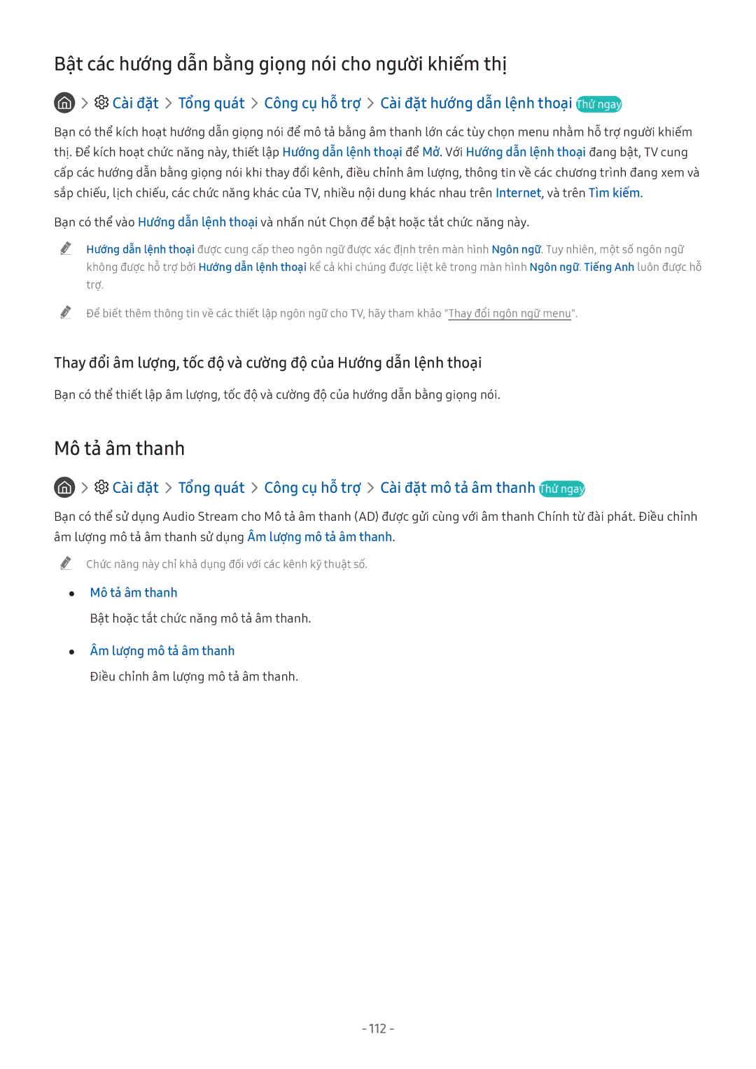 Samsung UA49NU7300KXXV Bật các hướng dẫn bằng giọng nói cho người khiếm thị, Mô tả âm thanh, Âm lượ̣ng mô tả âm thanh, 112 