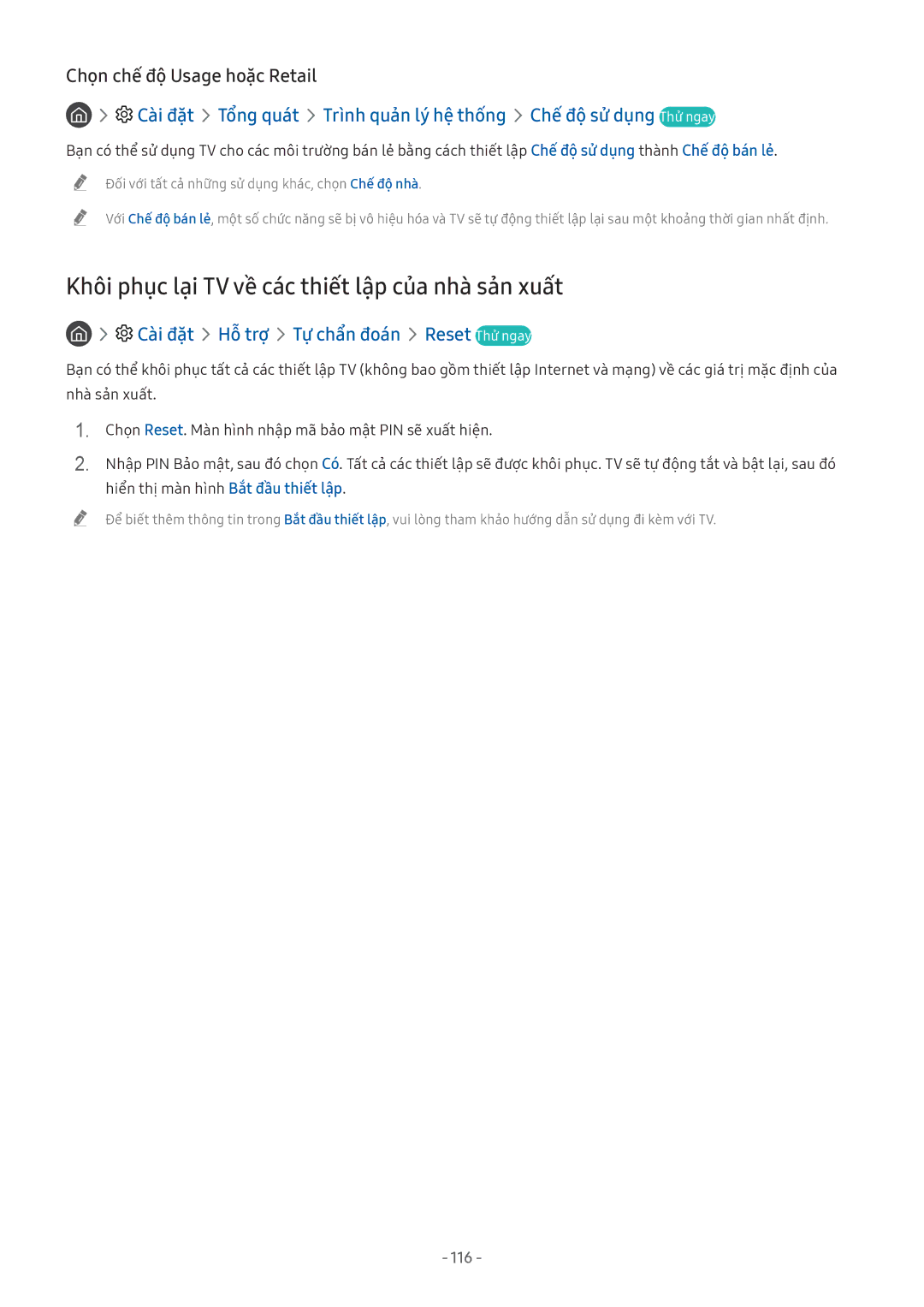 Samsung UA55NU7100KXXV manual Khôi phục lại TV về các thiết lập của nhà sản xuất, Chọn chế độ Usage hoặ̣c Retail, 116 