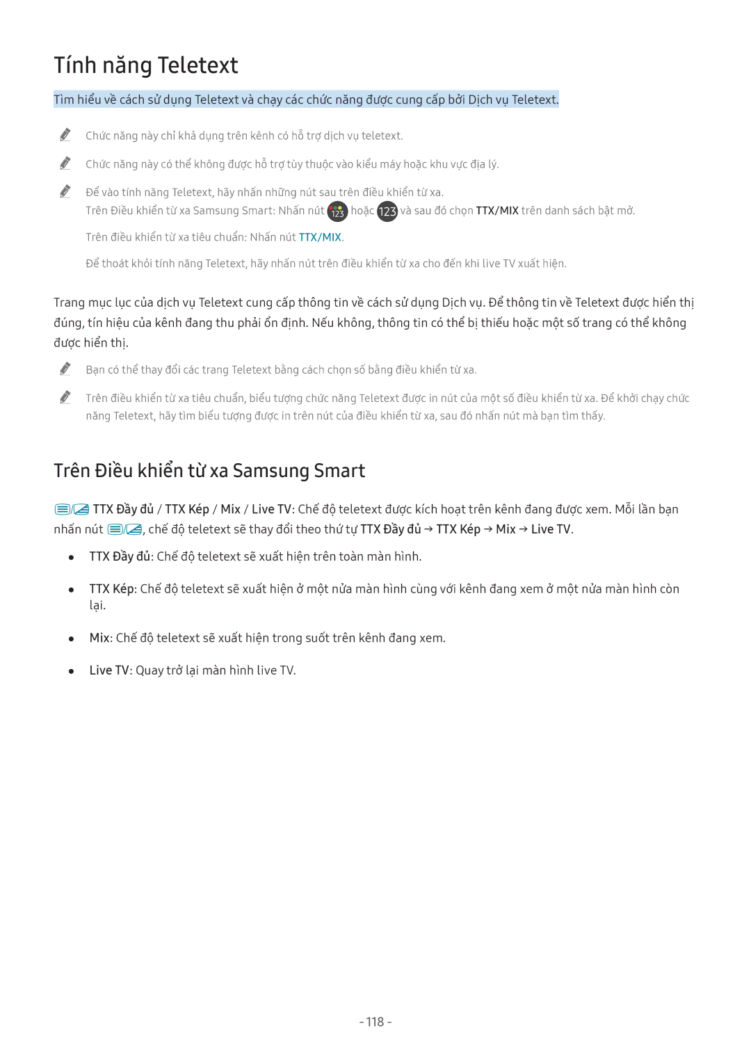 Samsung UA82NU8000KXXV, UA55NU7100KXXV, UA65NU7100KXXV manual Tính năng Teletext, Trên Điều khiển từ xa Samsung Smart, 118 