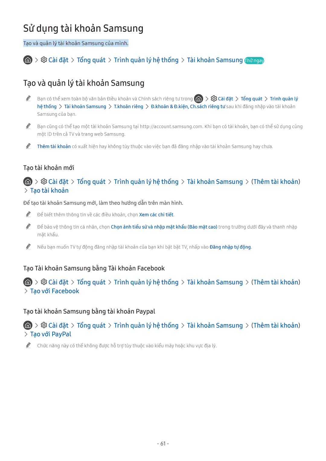 Samsung QA65Q8CNAKXXV, UA55NU7100KXXV manual Sử dụng tài khoản Samsung, Tạo và quản lý tài khoản Samsung, Tạo tài khoản mới 